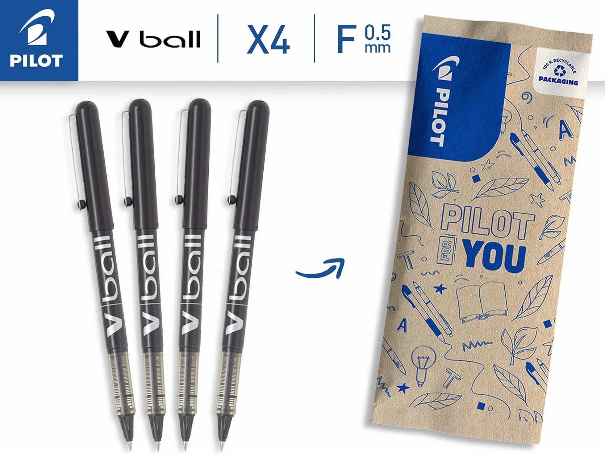 Set di 4 Penne Roller PILOT V-Ball 05, Punta Conica Fine, Inchiostro Liquido, Asciugatura Rapida, Nero