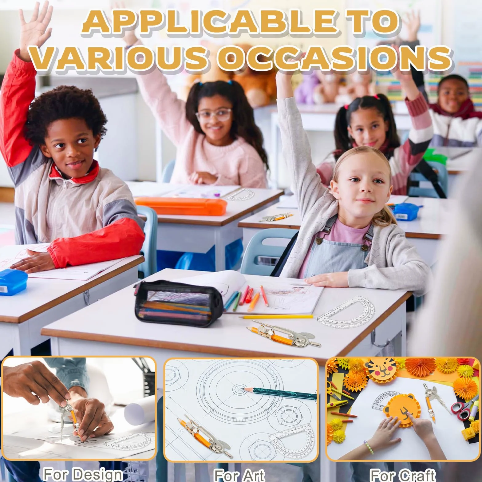 Set di 50 strumenti per geometria, compasso matematico per geometria e goniometro da 15,2 cm, include bussola in metallo con matita e goniometro in plastica trasparente, per studenti, aule, ufficio