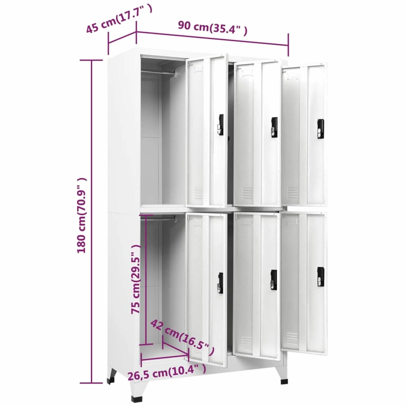 Armadietto con Serratura, 6 Scomparti con Gancio e Prese d'Aria, 90x45x180 cm in Acciaio Bianco, per scuole e uffici