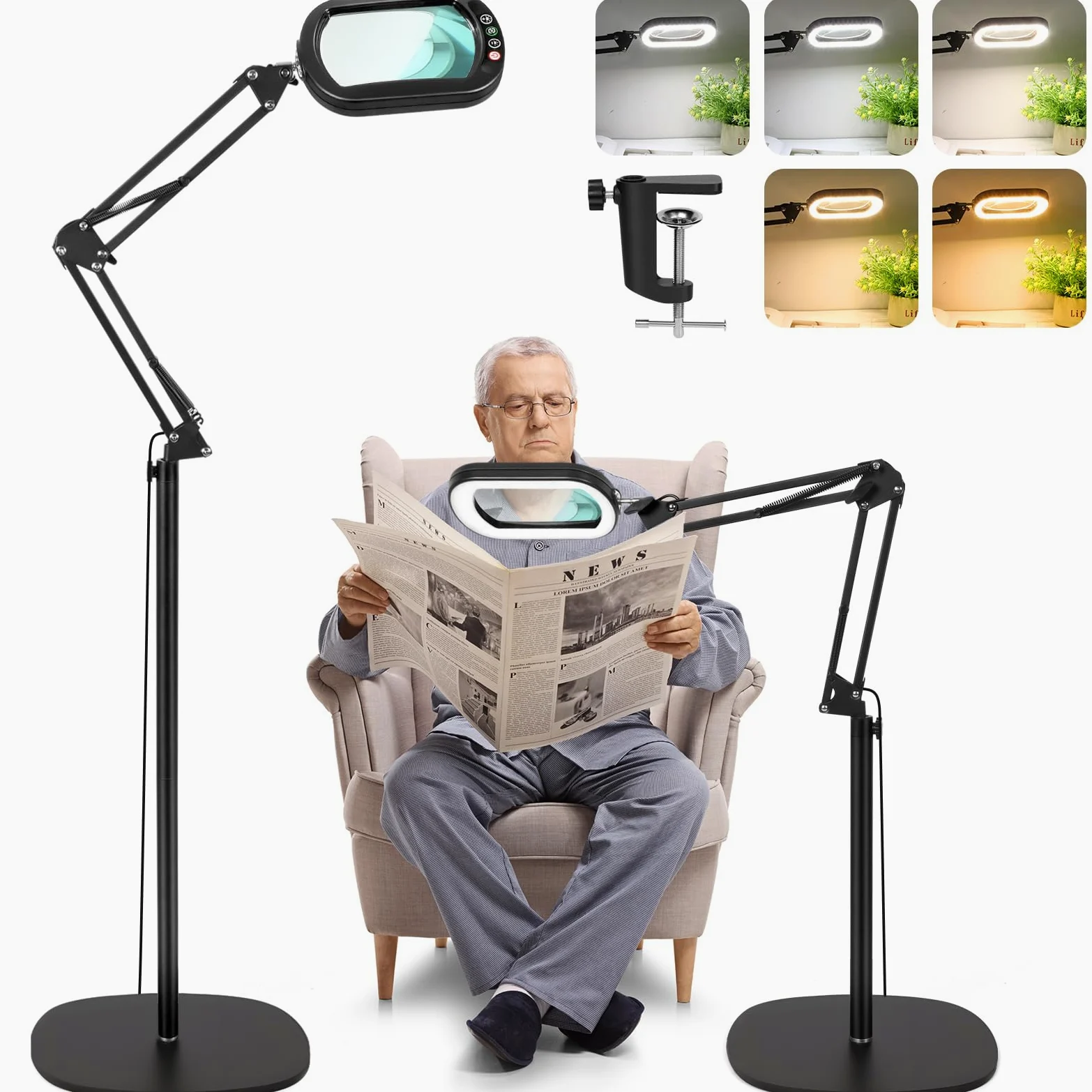 Lente d'ingrandimento 10X con luce e supporto, lampada da terra con lente d'ingrandimento 3 in 1, 5 modalità di colore, lampada con lente d'ingrandimento dimmerabile per pittura e cucito.