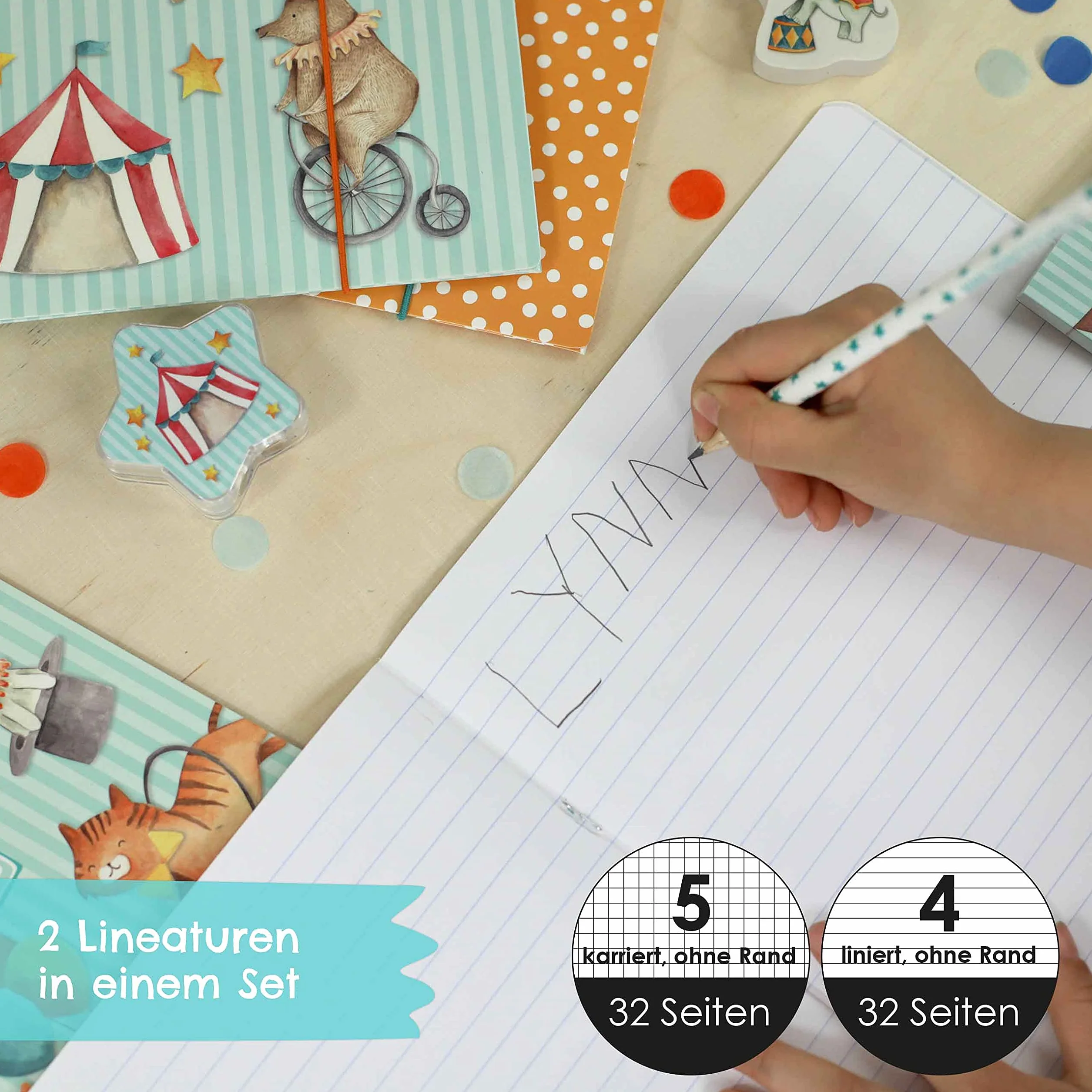 4 quaderni DIN A5 a righe e quadretti 32 pagine per bambini circo scuola elementari