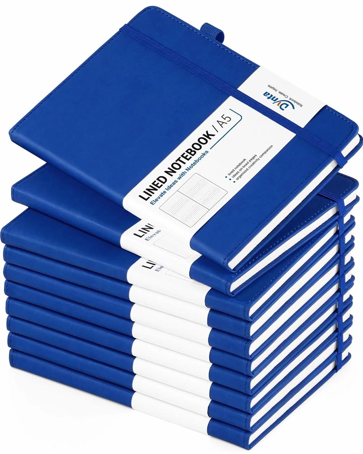 Dynta Confezione da 10 quaderni con copertina rigida, formato A5, a righe, 160 pagine/80 fogli, con passante per penna, per lavoro, scrittura, prendere appunti (blu)