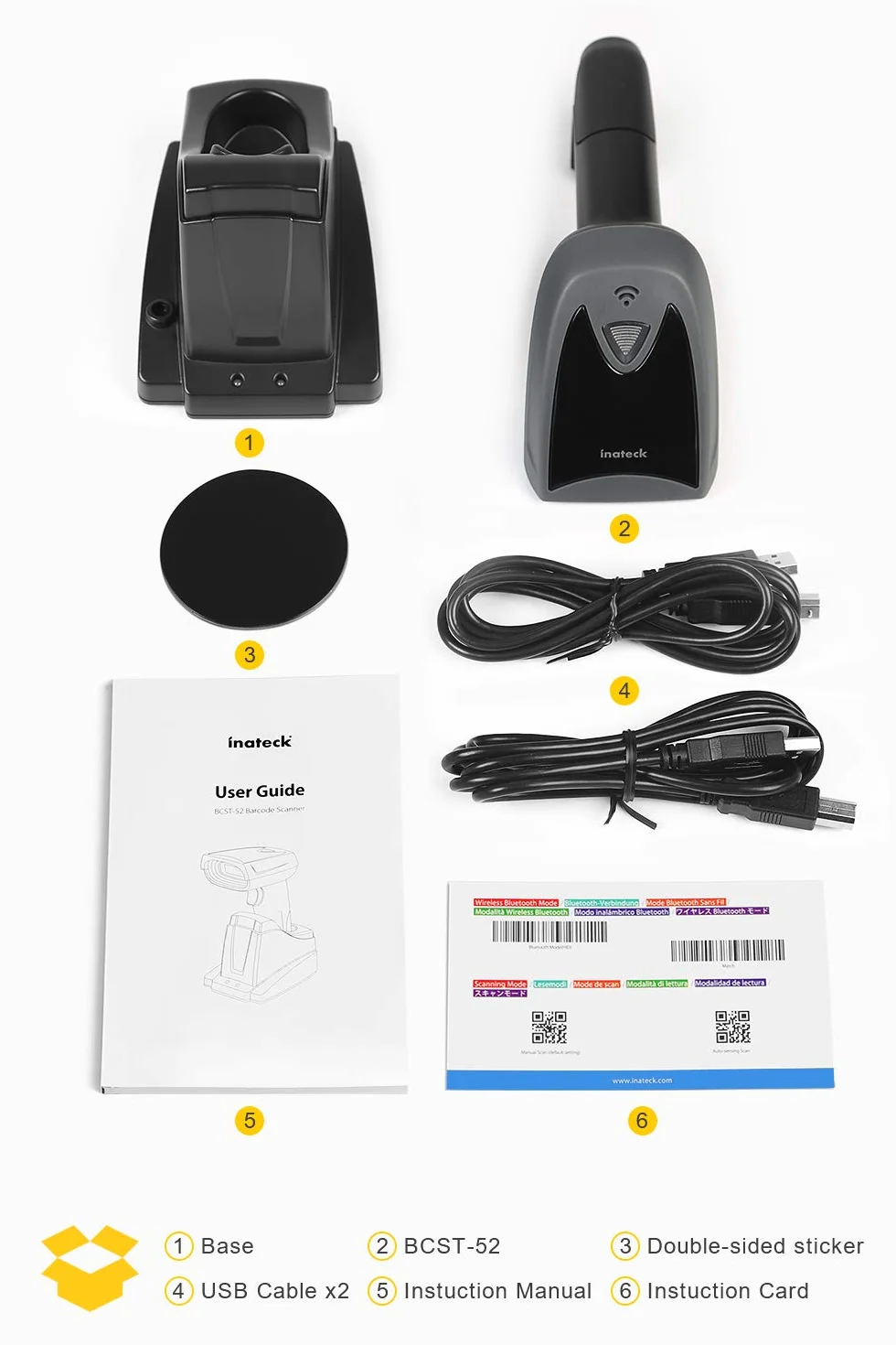 Inateck 2D Lettore per codici a barre, codici QR con base Smart, Wireless, Bluetooth, lettura su schermo, BCST-52