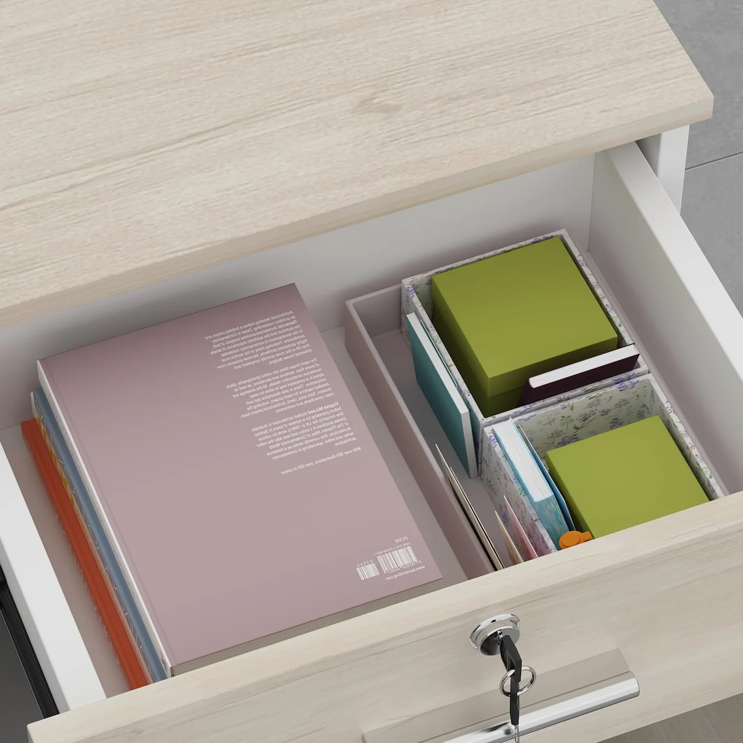 Banco della reception, grande bancone della reception, cassette con scomparti aperti, reception, banconi della reception, mobili da ufficio, colore legno e bianco, 140 x 60 x 110 cm, MDF