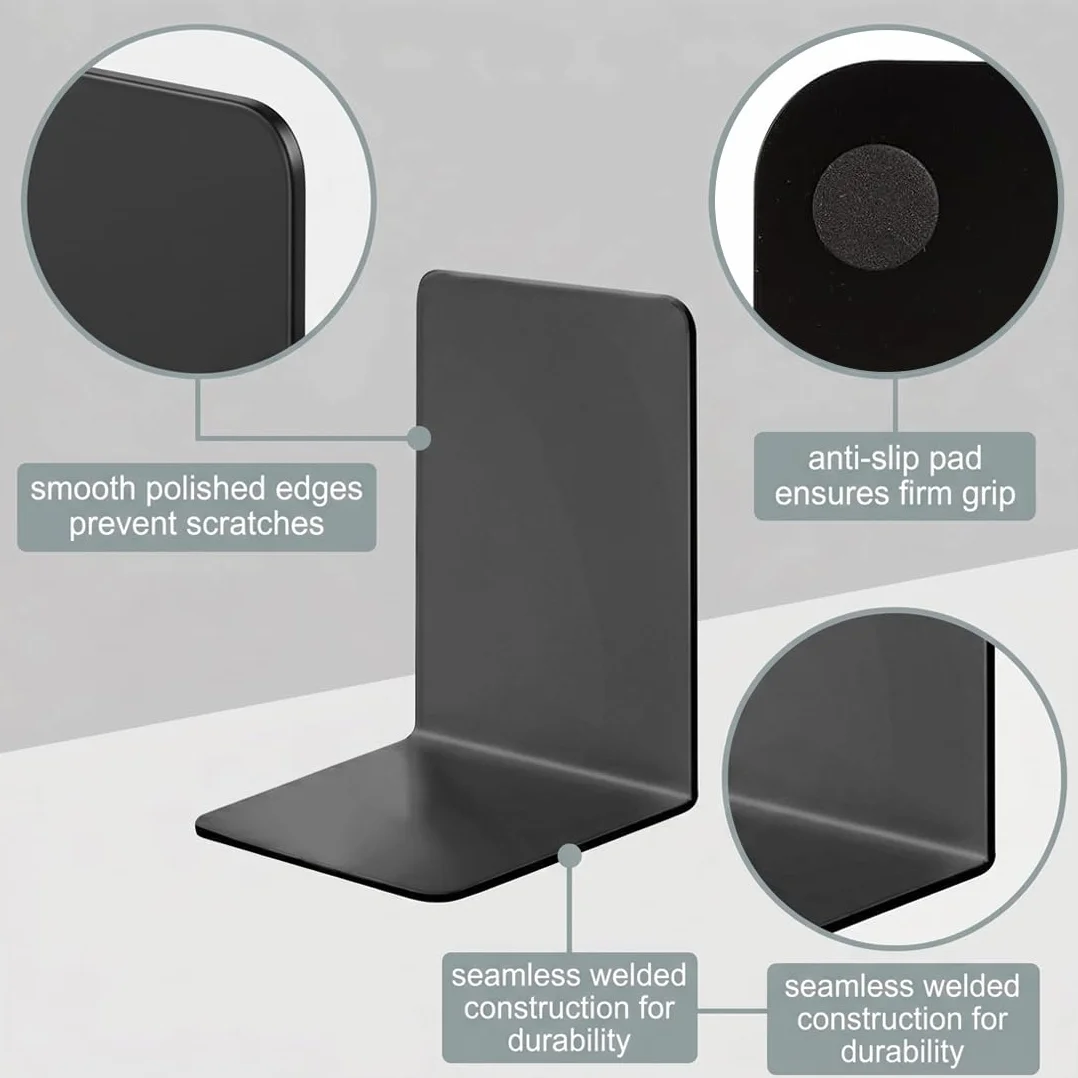Fermalibri in metallo nero 17 x 12 x 11,8 cm antiscivolo 6 pezzi per libreria