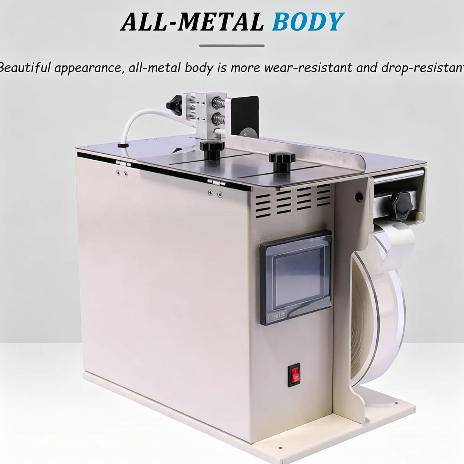 Etichettatrice automatica ad angolo retto, applicatore di etichette angolari da 200 W con regolazione di velocità e lunghezza, controllo touch screen, corpo in metallo resistente per attività di