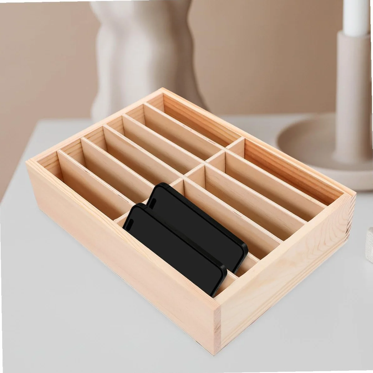 Organizer Per Telefono Da Tavolo in Legno 12 Scomparti, Scatola Portaoggetti Per Cellulare Da Ufficio e Aula, Supporto Da Scrivania Per Gestione Dispositivi Multipli