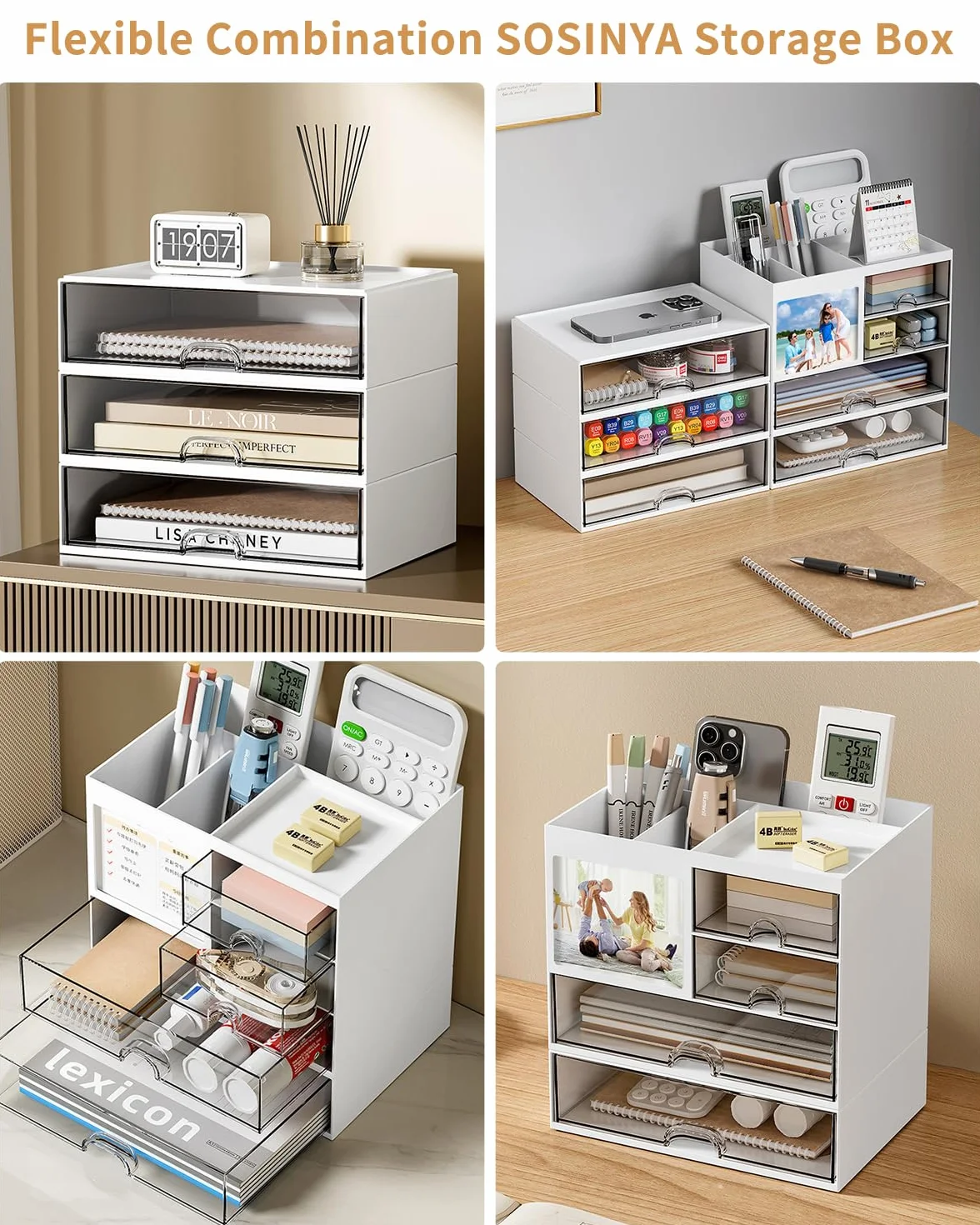 SOSINYA Organizer da scrivania con cassetto, scatola di immagazzinaggio, organizzatore di forniture da ufficio in plastica per ufficio, scuola, casa, impilabili, per penne, trucco (B)