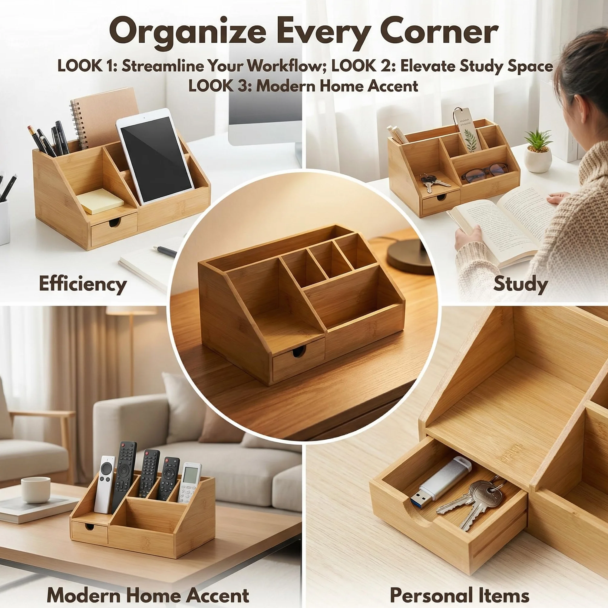 Organizer da scrivania in legno, 24,5 x 15 x 11 cm, con 7 scomparti e cassetto, con telecomando, portapenne, organizer da scrivania, per ufficio e casa