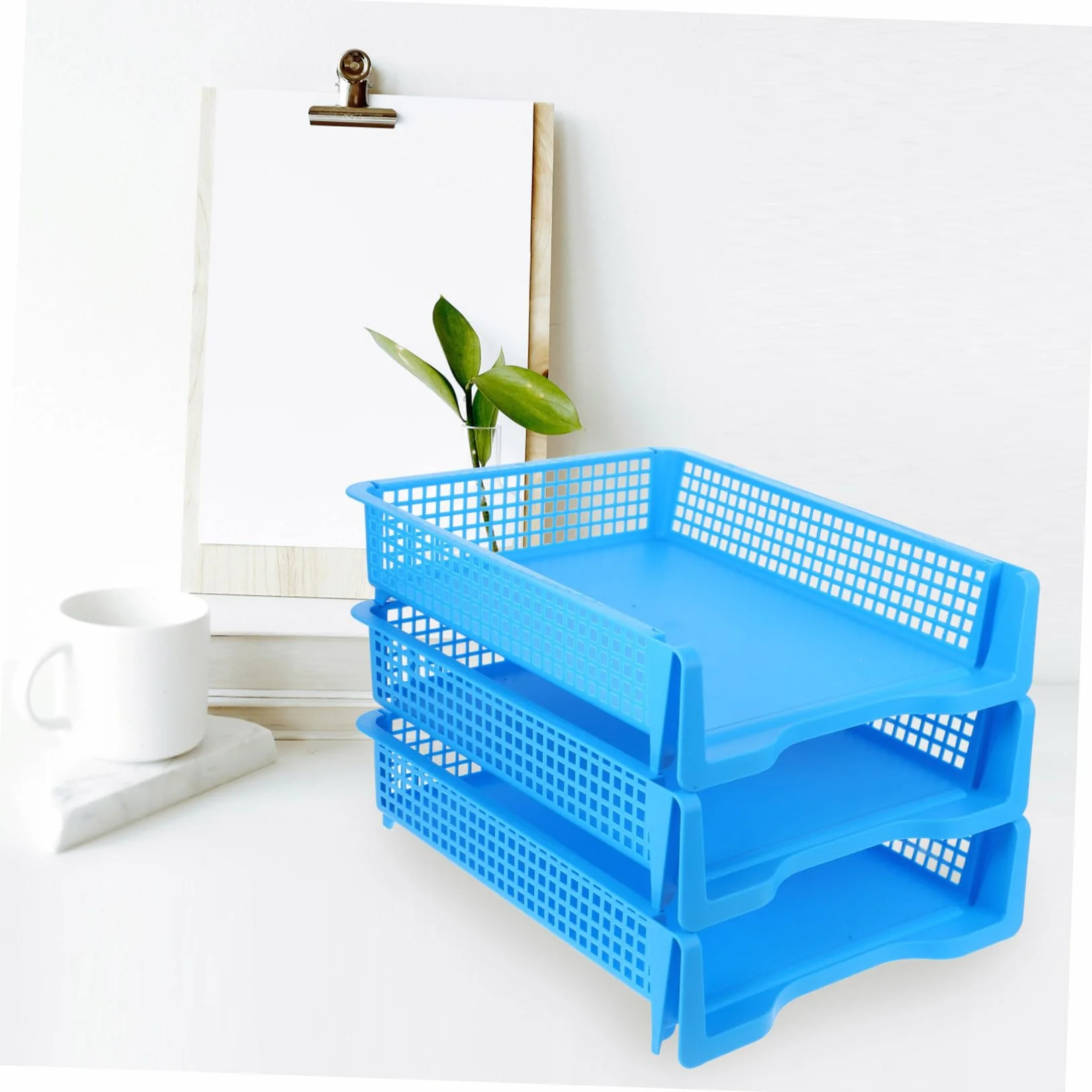 Homoyoyo Set da 3 Vaschette Portadocumenti Impilabili in Plastica Blu, Organizer Multifunzionale per Ufficio e Aula Design Minimale e Funzionalità Versatile