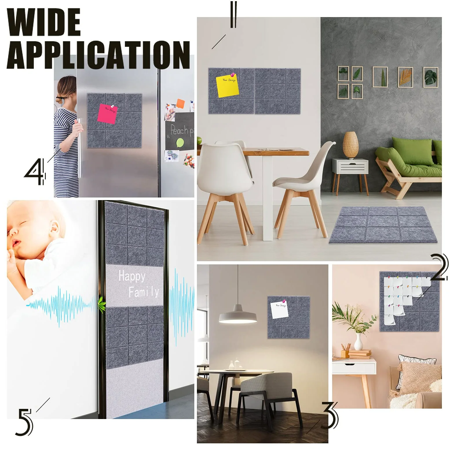 NBEADS Pannello in Feltro Quadrato da 4 Pezzo con 40 puntine A Pressione, Pannello Decorativo Fonoassorbente, Bacheca Memoin per La Decorazione di la Casa di L'Ufficio, Grigio,30x30cm