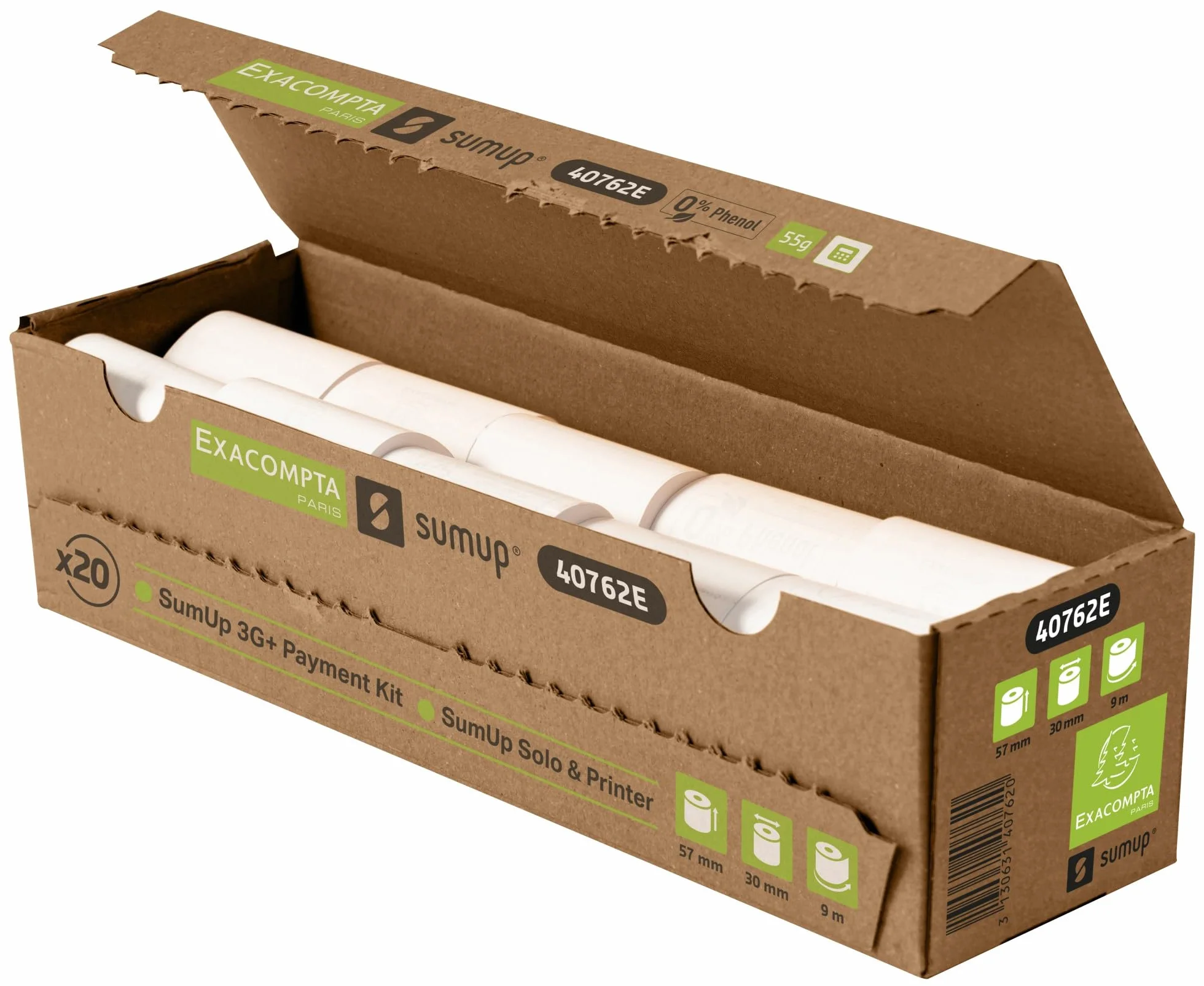 Exacompta SumUp Scatola 20 rotoli carta termica 55 g/mq 57x30mm senza fenolo bianco