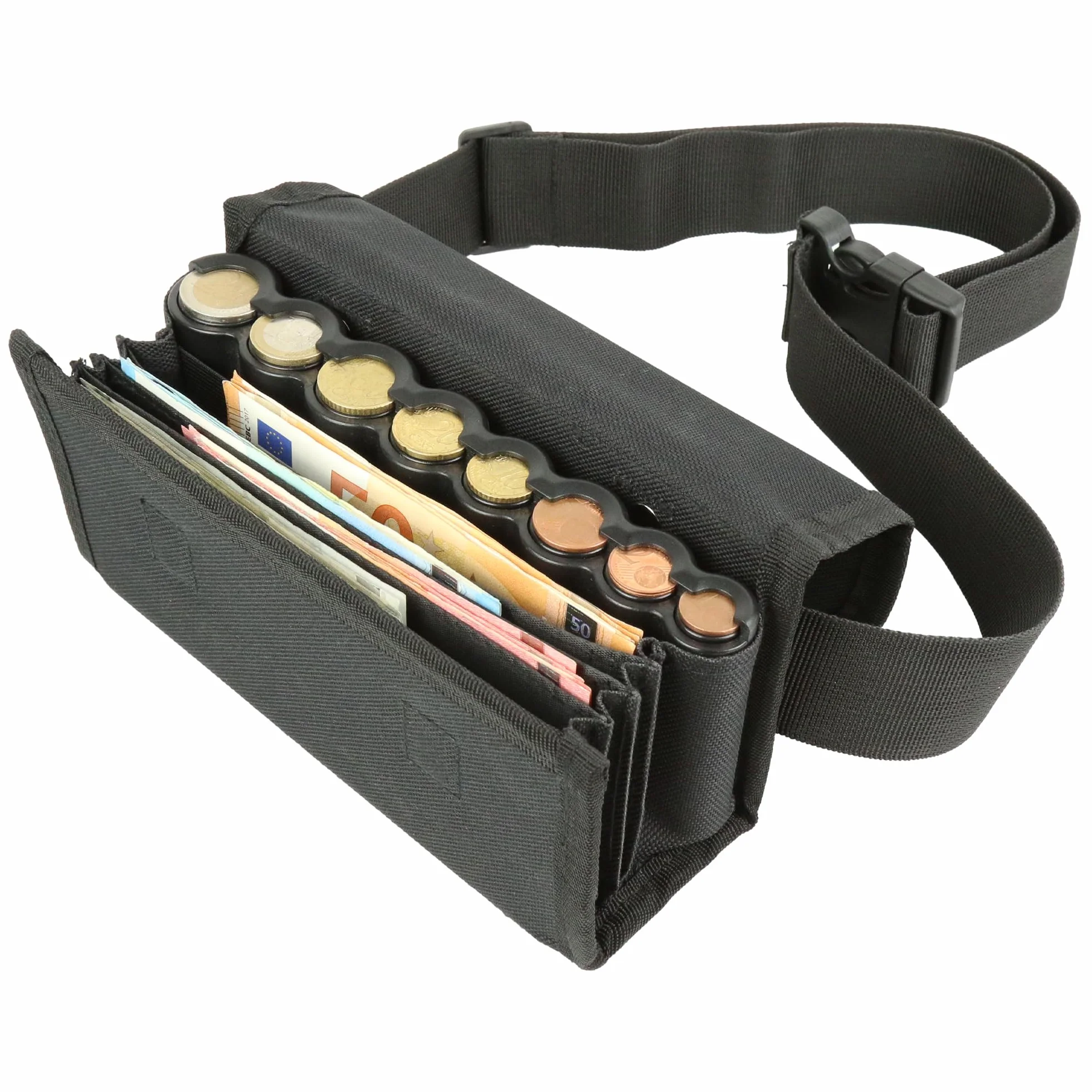 Monepass - Borsa da Cameriere con Cambiamonete in Abs nero inclusa (8 pezzi). Chiusura Magnetica - Versione per l'uso quotidiano