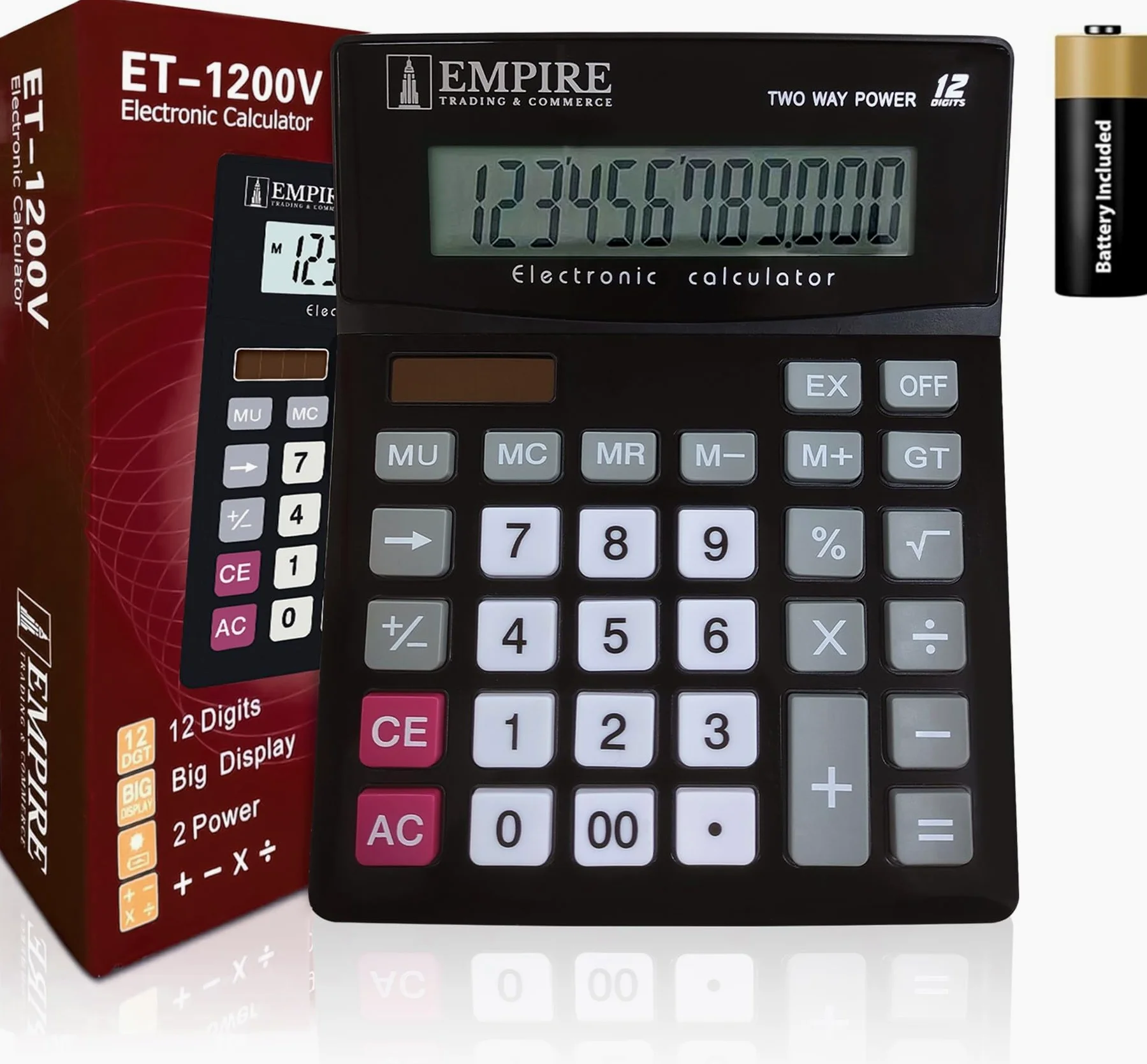 Empire - Calcolatrice da tavolo con tasti grandi, 12 cifre, ampio display angolato, a energia solare e a batteria, per casa e ufficio (batteria inclusa)