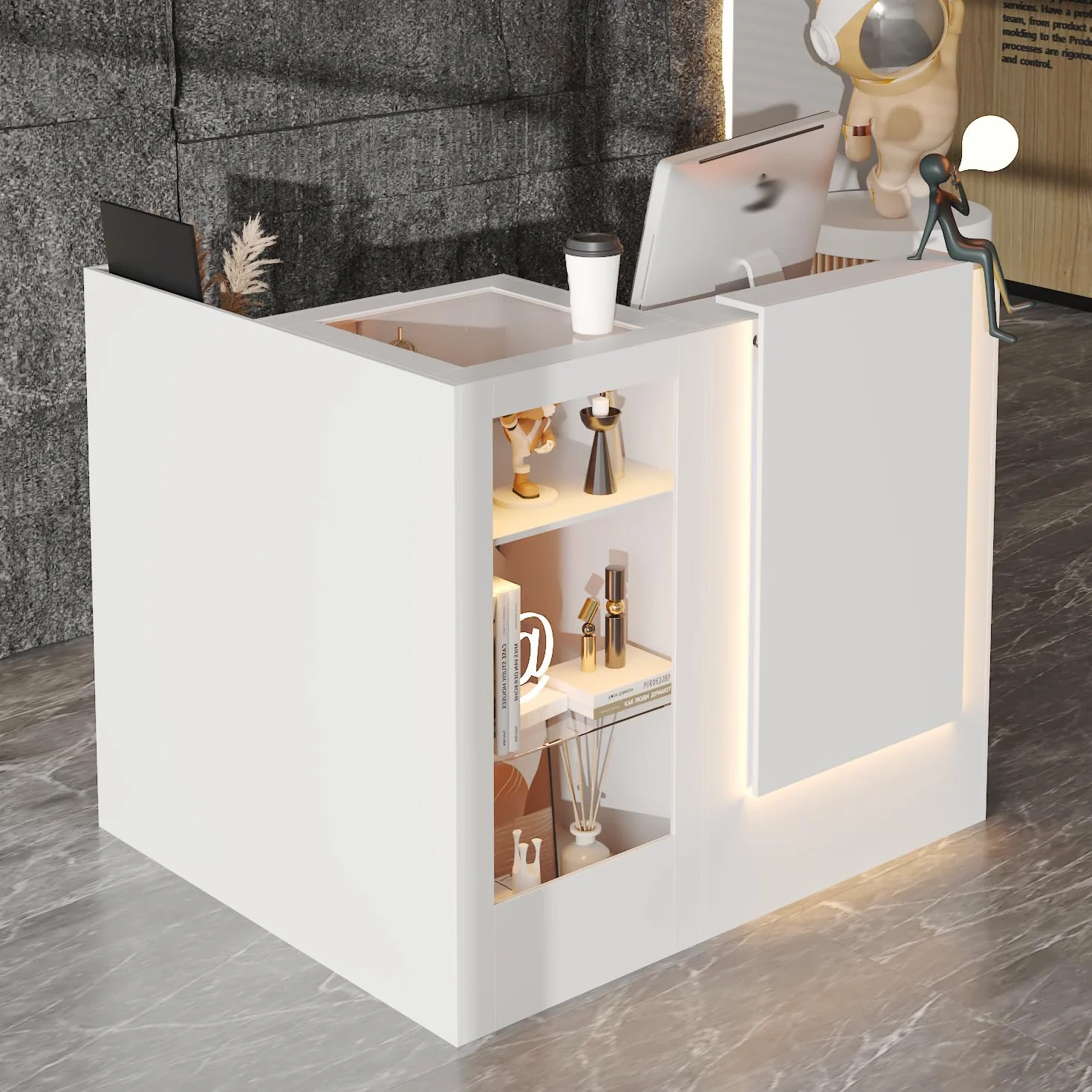 Tavolo di ricezione angolare con cassetto della tastiera, cassetta L con 3 luci colorate, bancone con vetrina in vetro, tavolo reception, bancone