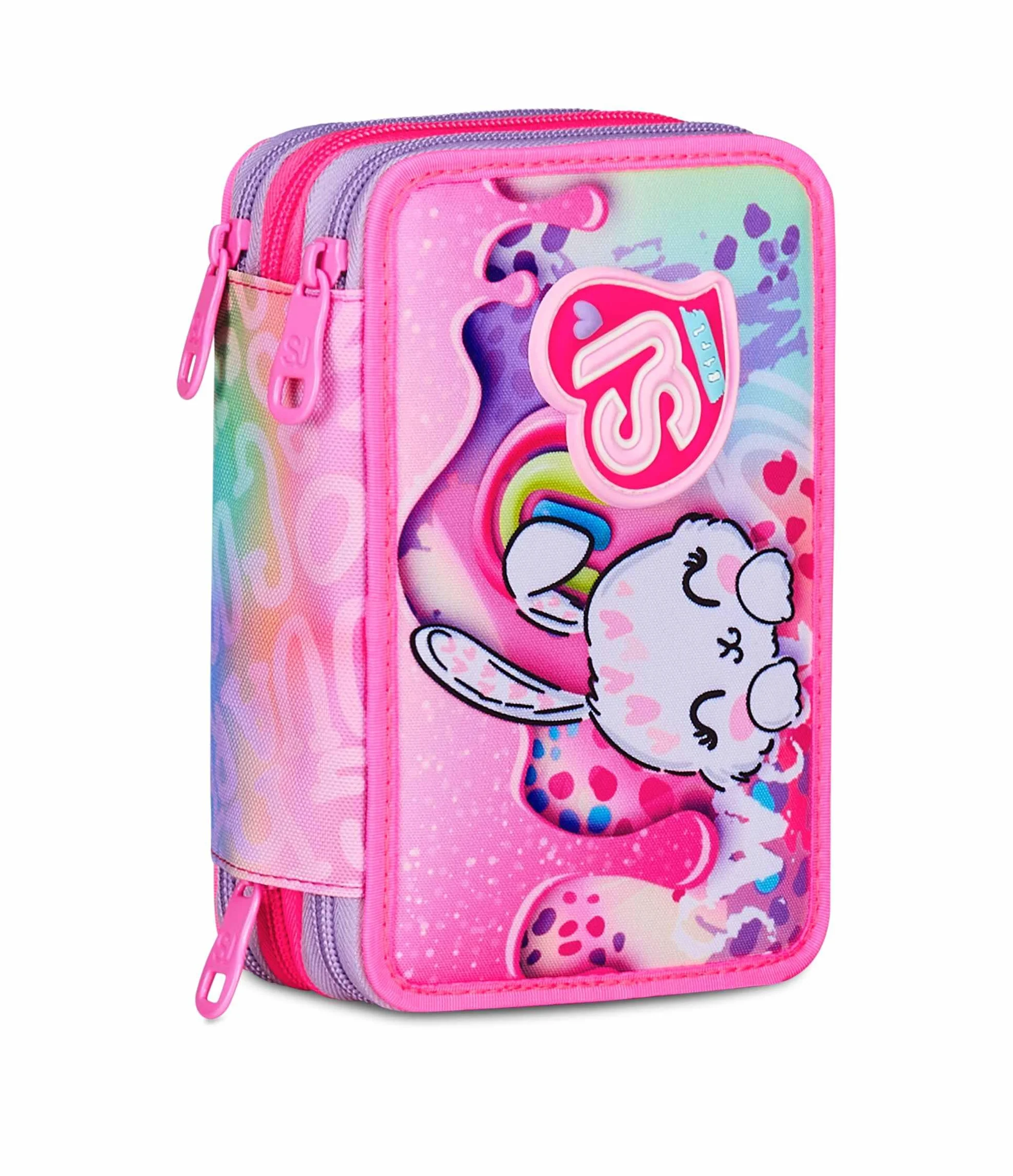 Astuccio Scuola 3 Zip Fucsia Portapenne Triplo Scomparto Completo Penne Matite Colori