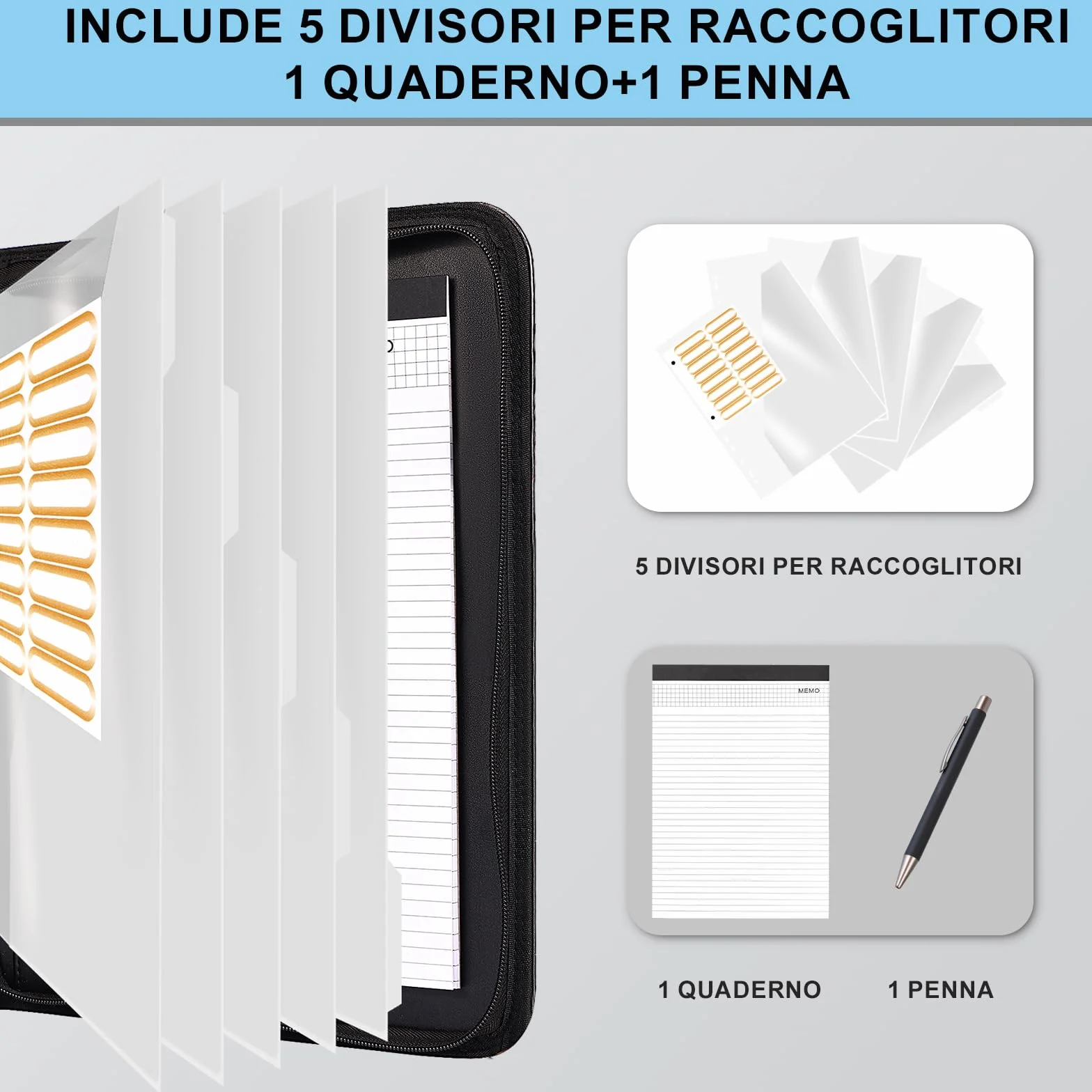 Leathario Cartella portadocumenti A4 pelle vegana organizer con cerniera Nero