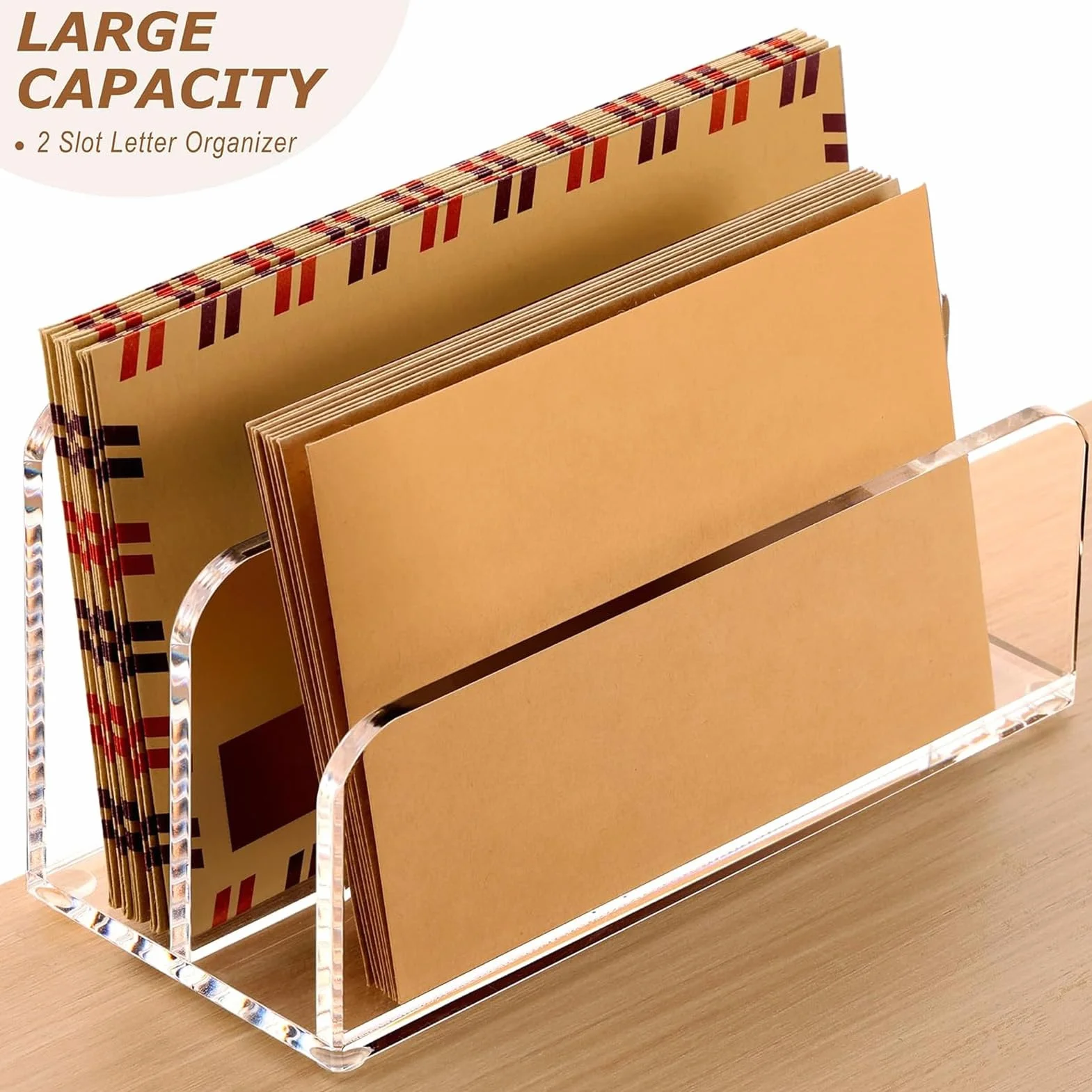 Raccoglitore posta acrilico trasparente 2 scomparti per scrivania, base antiscivolo 17,5x7,5x9,5 cm
