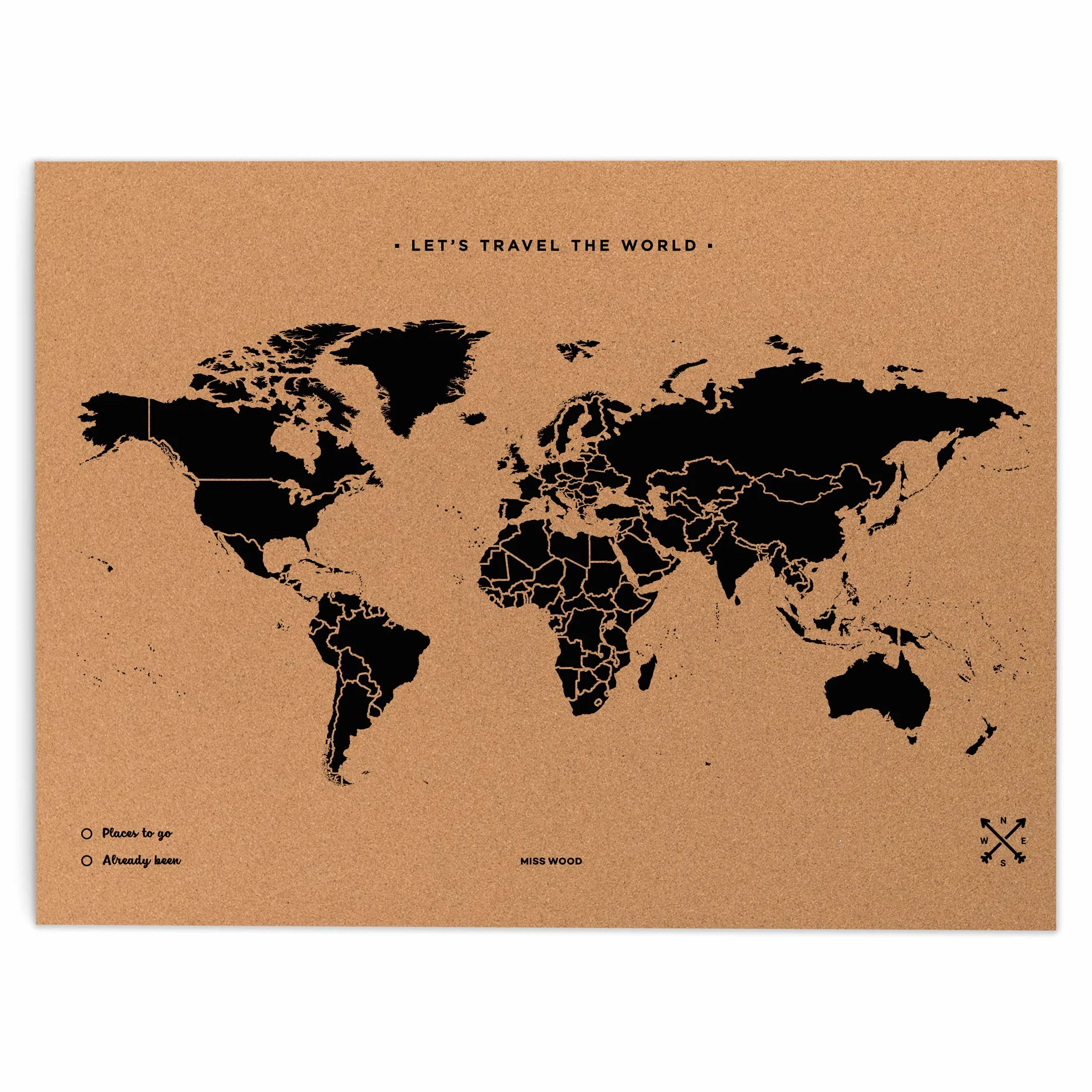 Miss Wood Map XL, Mappa del mondo di Sughero, 60 x 90 cm, Naturale/Nero