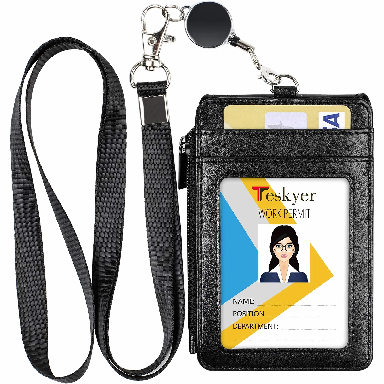 Porta badge in pelle con cordino e bobina retrattile, 4 scomparti per carte d'identità, tasca con cerniera
