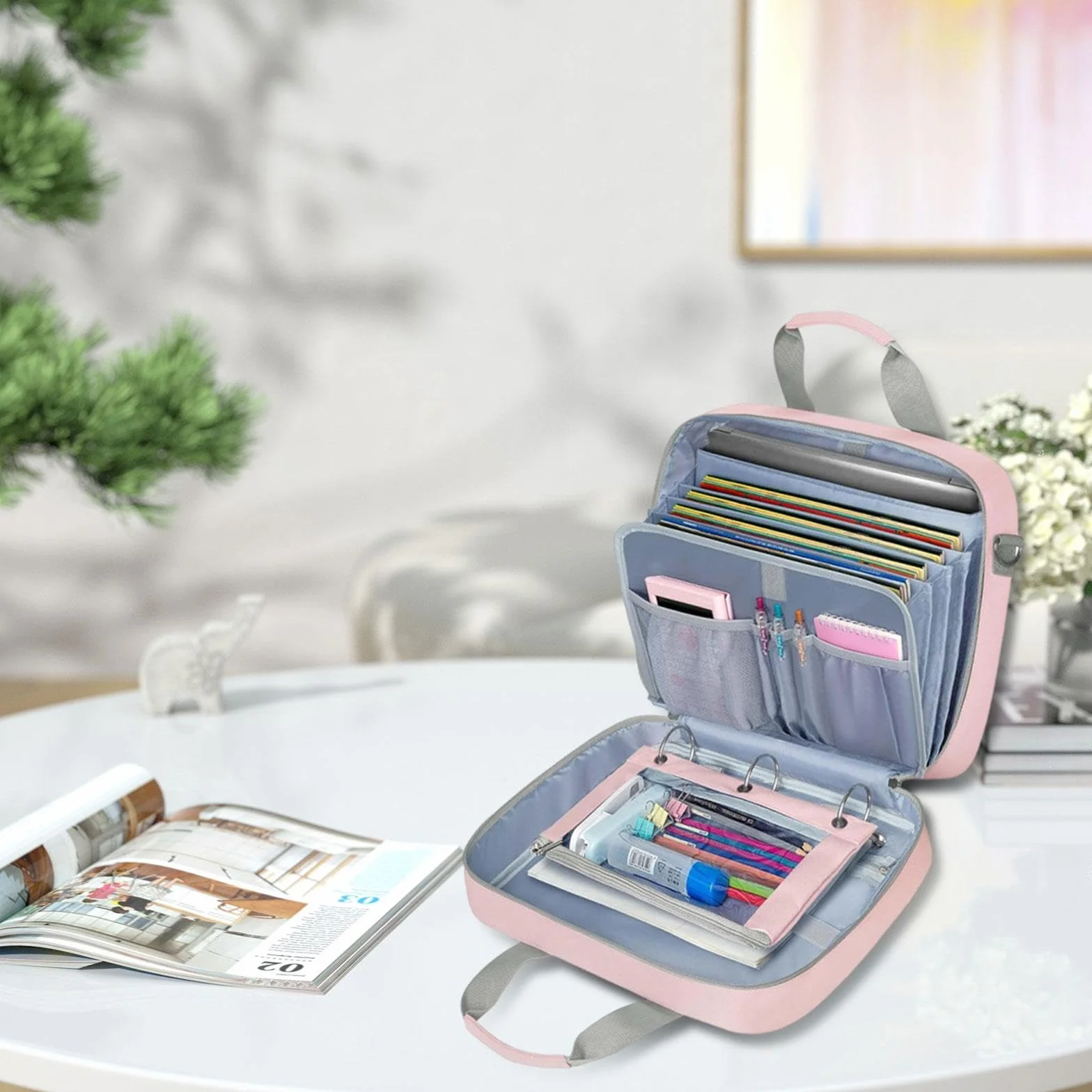 Raccoglitore ad Anelli con Cerniera 3 Anelli, Organizer Portatile Custodia per Documenti A4, Tessuto Oxford Impermeabile 600D, Tasca Rimovibile, Tracolla Regolabile per Ufficio Viaggi