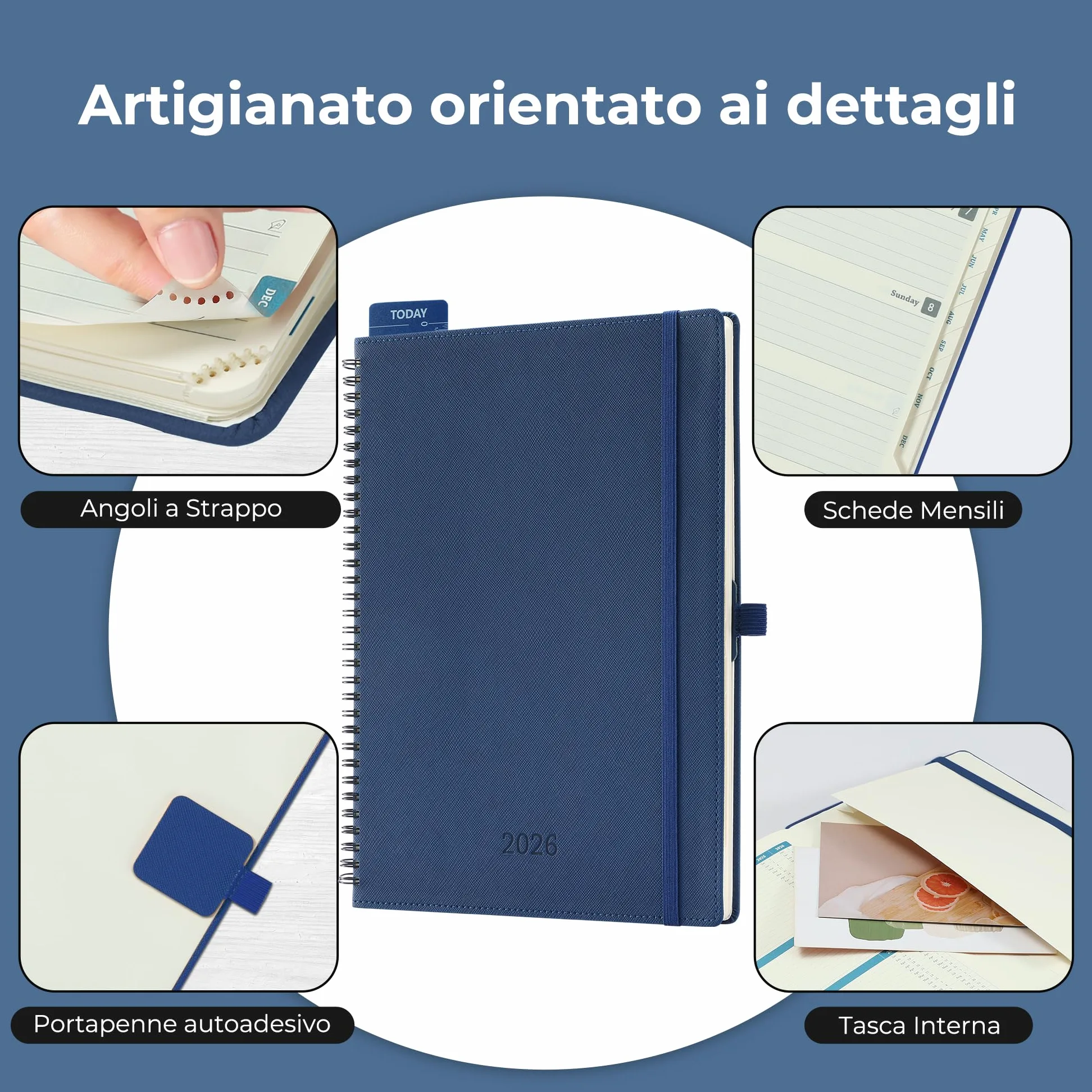 Agenda 2026 A4: Diario ad anelli 29x21,7 cm, Pianificatore settimanale & giornaliero, 12 mesi Gen–Dic, carta 100 g/m², pelle PU Blu marino