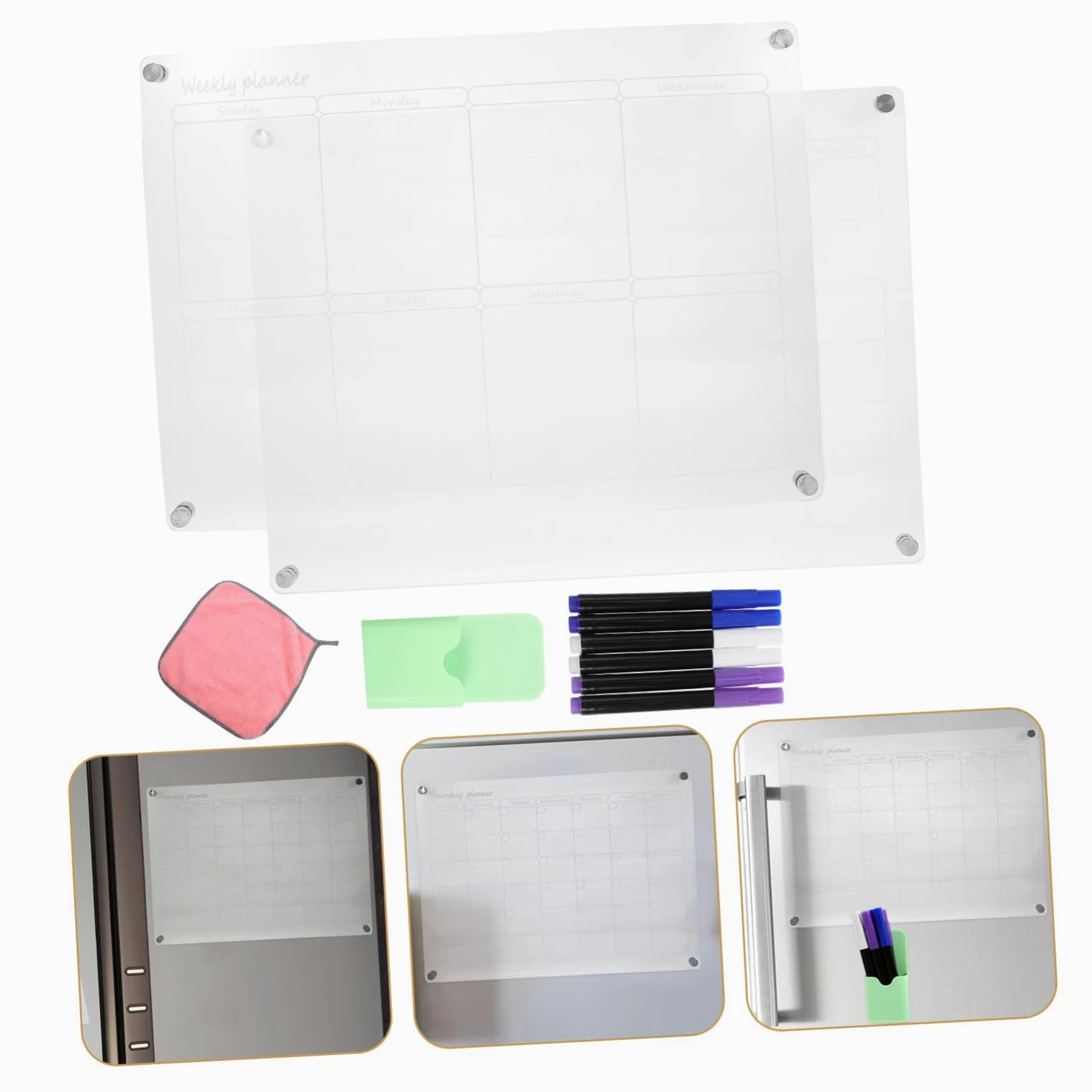 Calendario Magnetico Cancellabile a Secco per Frigorifero Set Completo con Lavagna Settimanale Mensile Trasparente Planner Pasti con Pennelli e Magneti Resistenti per Cucina