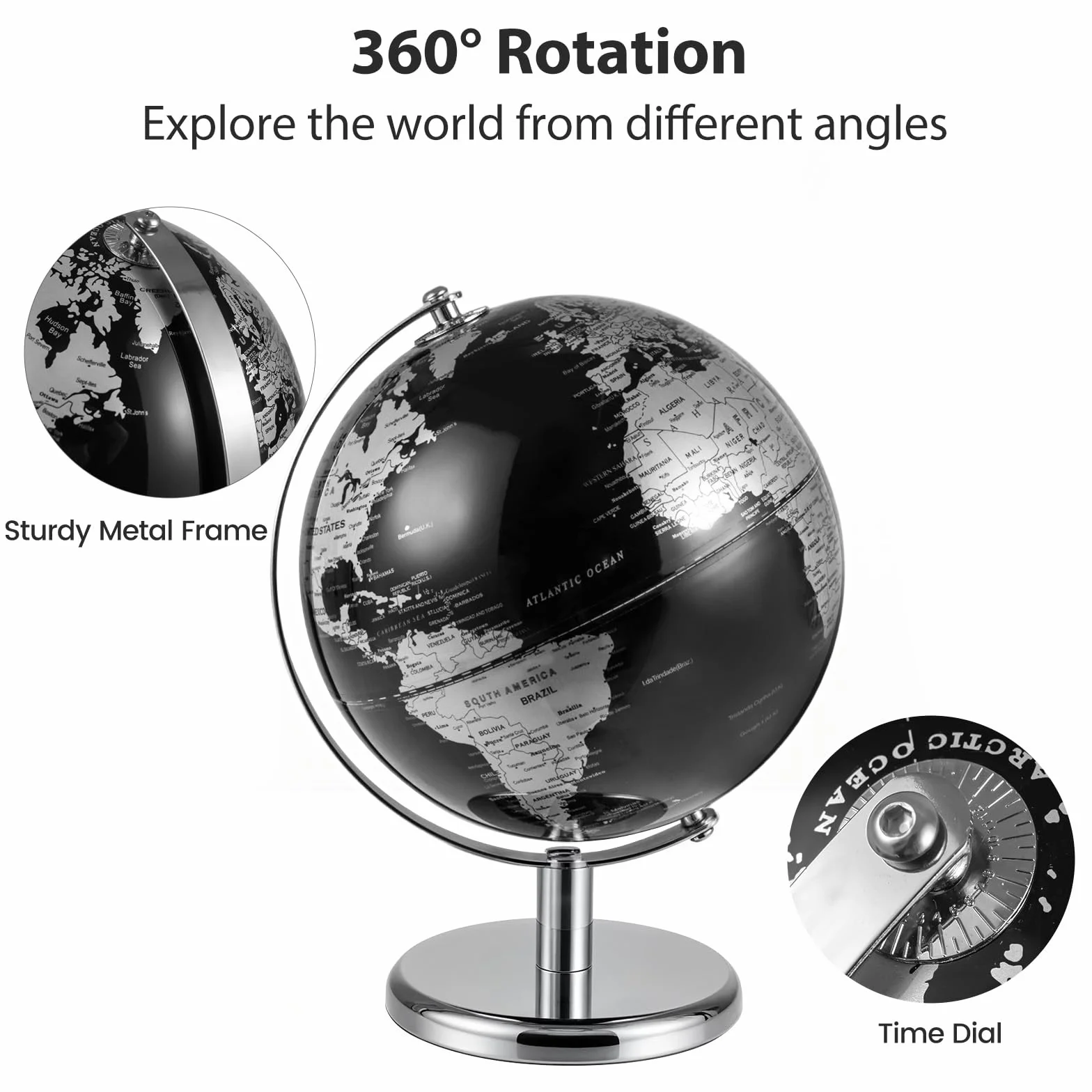 LIFEZEAL Globo antico da 20 cm, con base in metallo argentato, sfera del mondo per studenti e adulti, decorazione per aule, casa, ufficio (argento)
