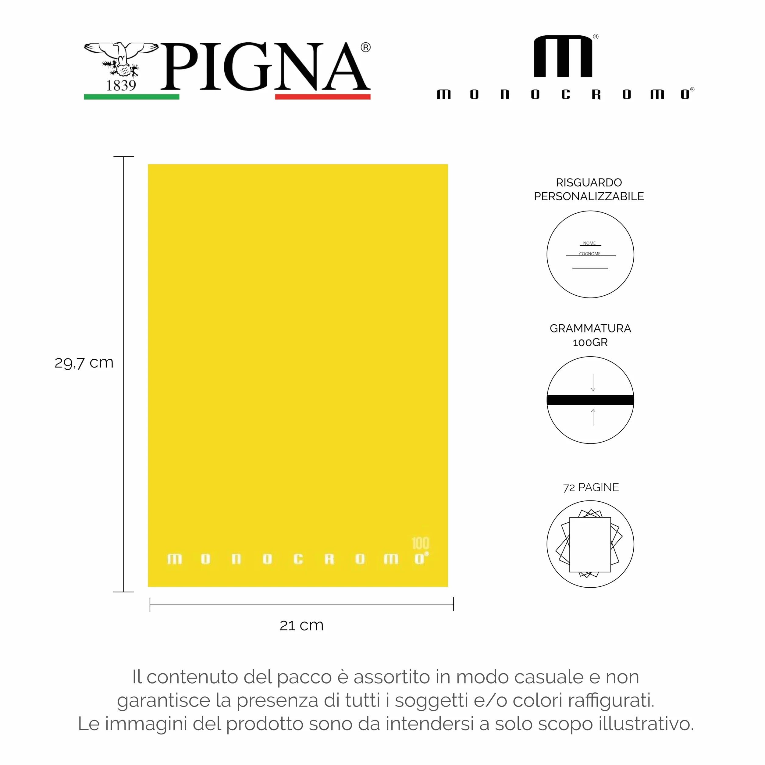 Pigna Monocromo Quaderno A4 Rigatura 0Q Quadretti 5mm Margine 100g/mq Pacco 10 Pezzi