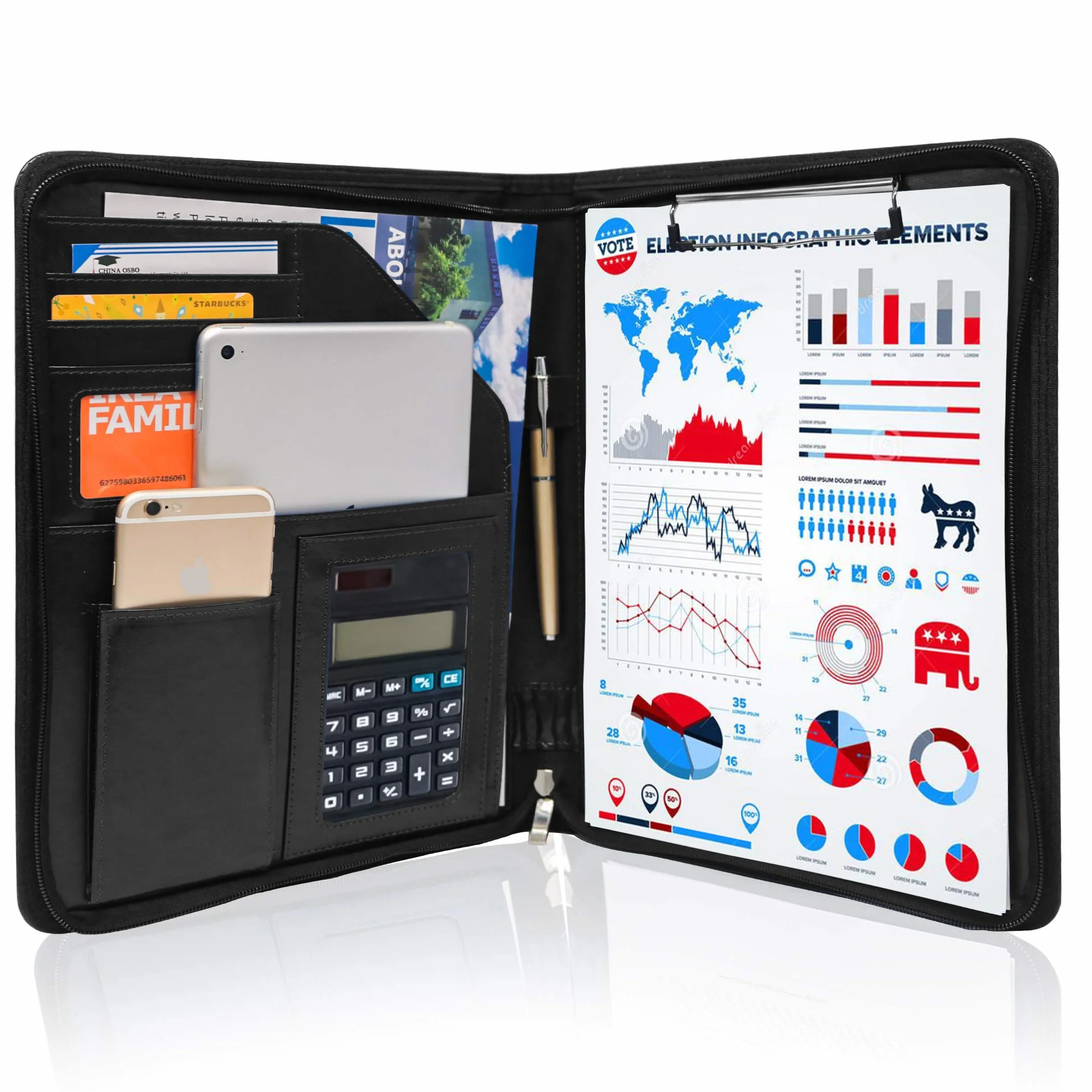 Cartella Portadocumenti con Cerniera A4 Organizer in PU Pelle Nero con Porta Tablet, Telefono e Biglietti da Visita