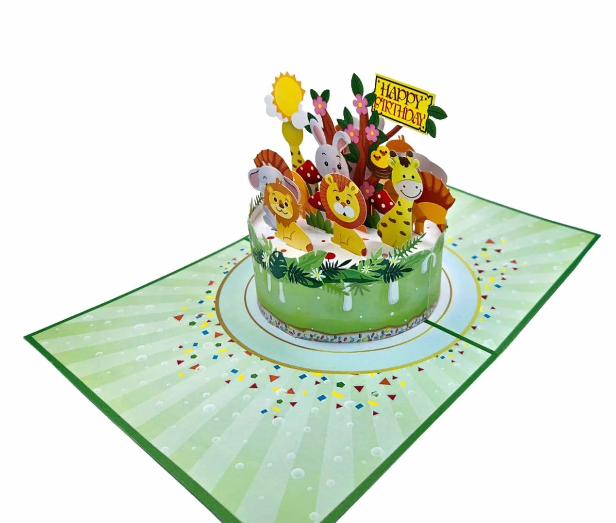 Biglietto di auguri pop-up 3D Animali sulla torta Compleanno bambini 15 x 20 cm Safari Animali con busta