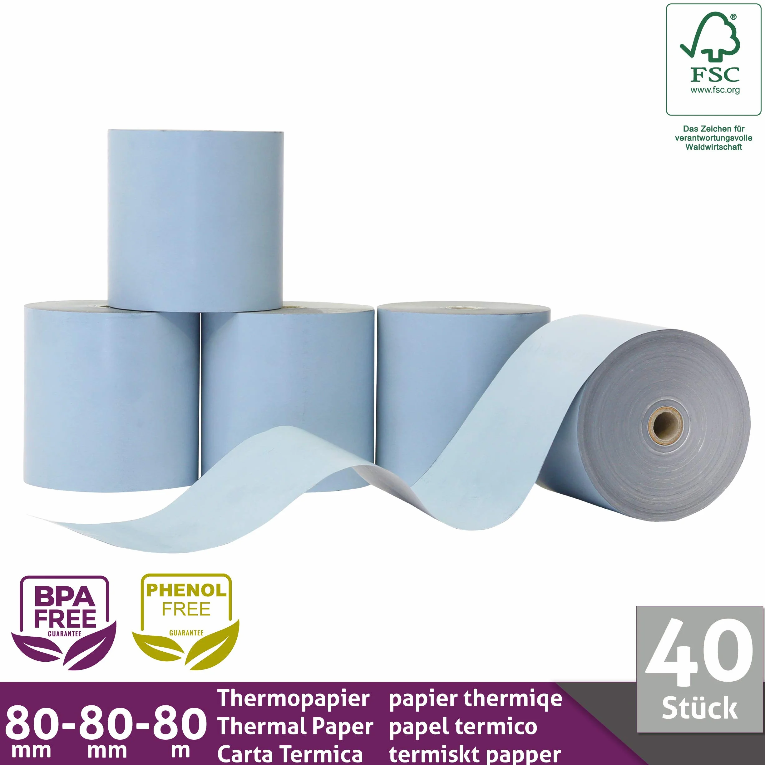 ÖKO rotoli di carta termica 80 mm x 80 m x 12 mm, rotoli di carta termica senza fenolo (40 rotoli)
