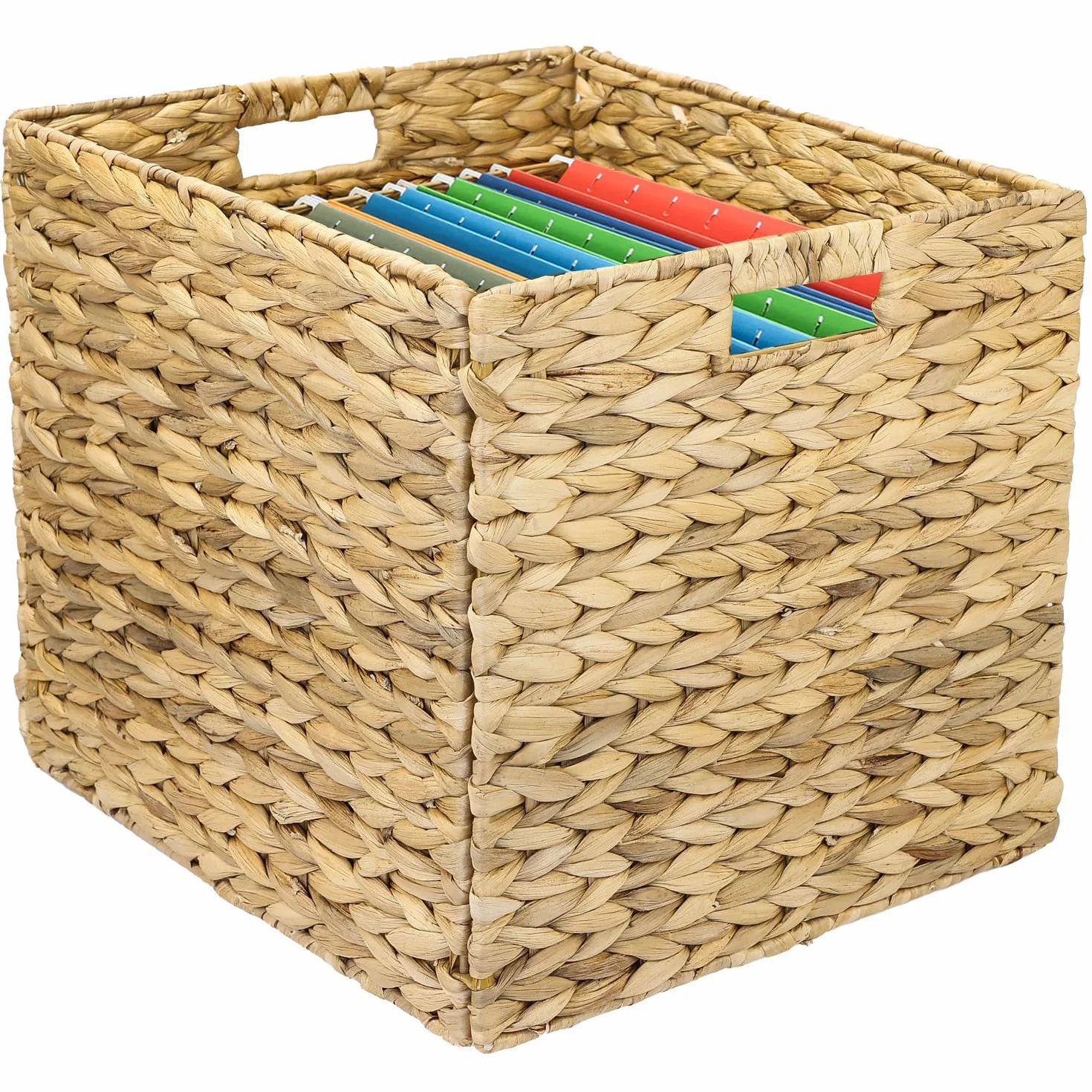 HMF Cesto portaoggetti per cartelle sospese DIN A4 compatibile con scaffale KALLAX, cesto intrecciato in giacinto d’acqua con maniglie | 33 x 38 x 32 cm | naturale