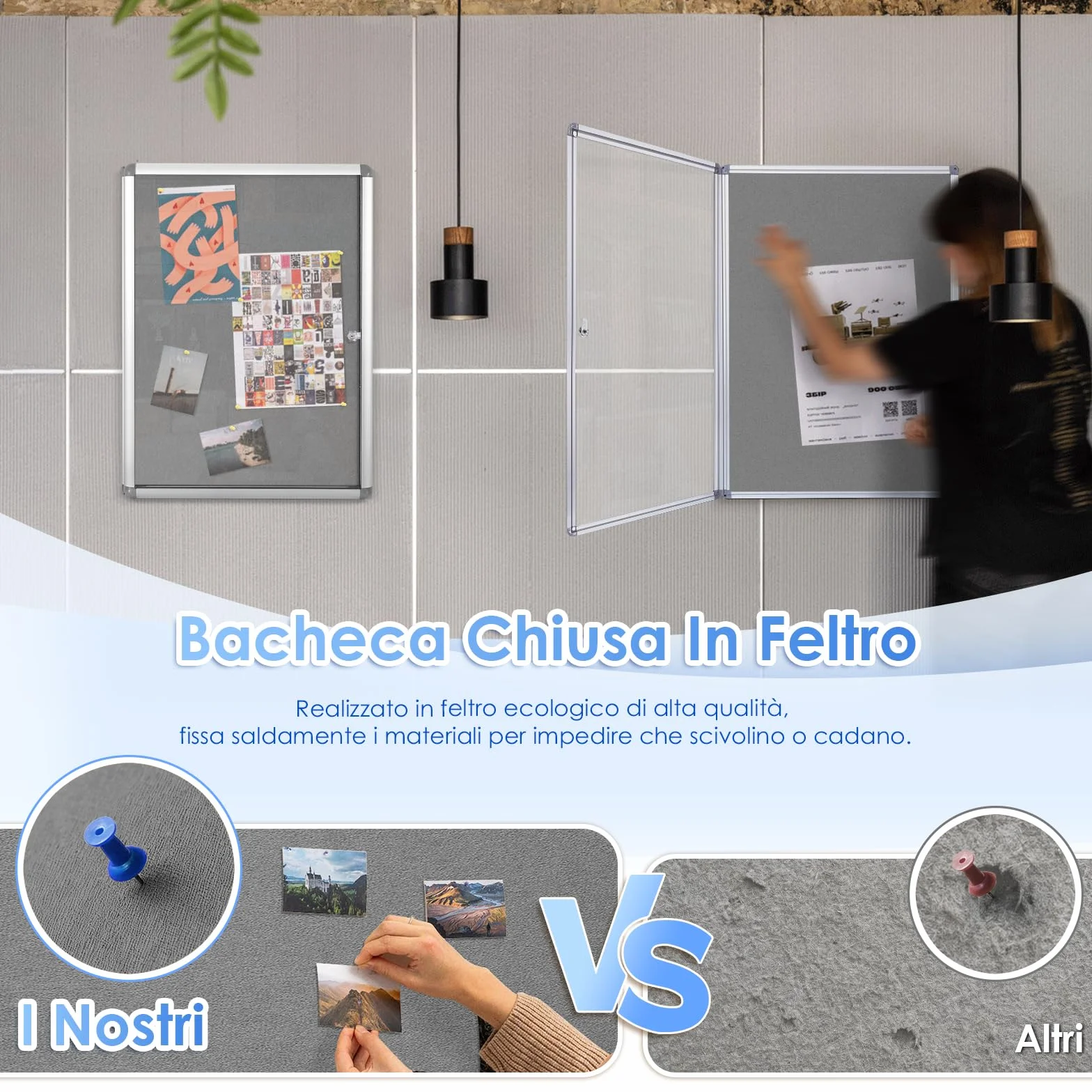 MAKELLO Bacheca Chiusa In Feltro Grigio Pannello Con Anta Battente, Bacheca Per Interni in Alluminio per Condominiale Ufficio Scuola, 67x72cm-6xA4