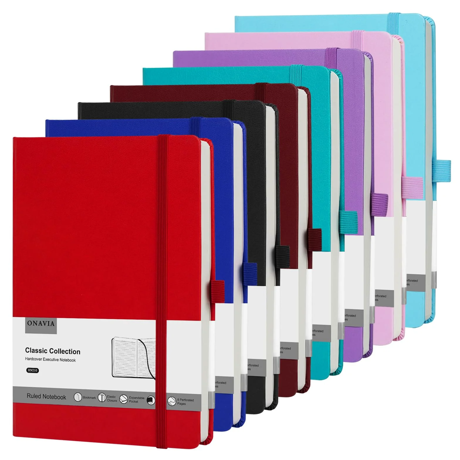 ONAVIA Taccuino a Righe A5 Copertina Rigida, 160 Pagine, Set 8 Colori | 14 x 21 cm, 100 g/m², Classico Quaderno Appunti di Linea, Tasca Interna, Chiusura ad Elastico, Portapenne