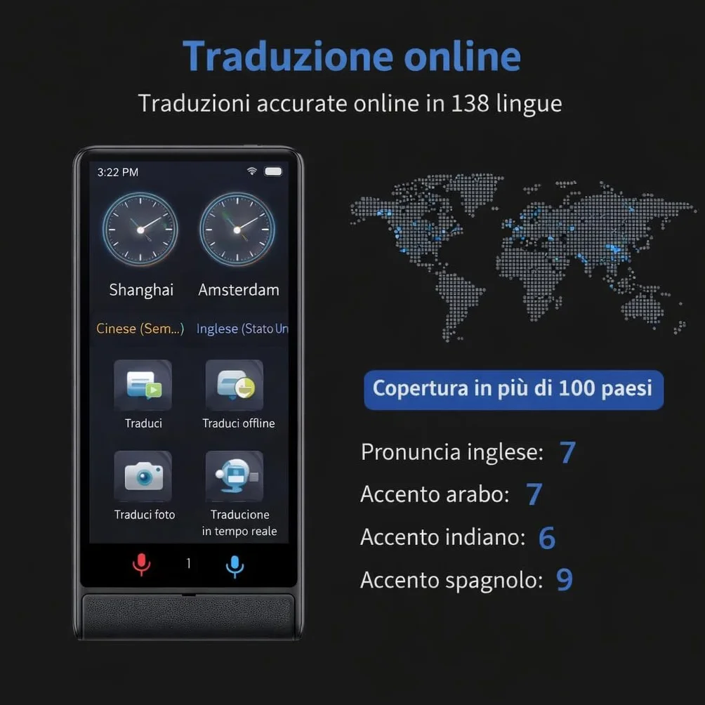 California PRO 2026, Traduttore Vocale Istantaneo Senza WiFi, Schermo Touch 4 Pollici, Alluminio Premium, 142 Lingue Online 22 Offline, Traduttore Portatile con IA