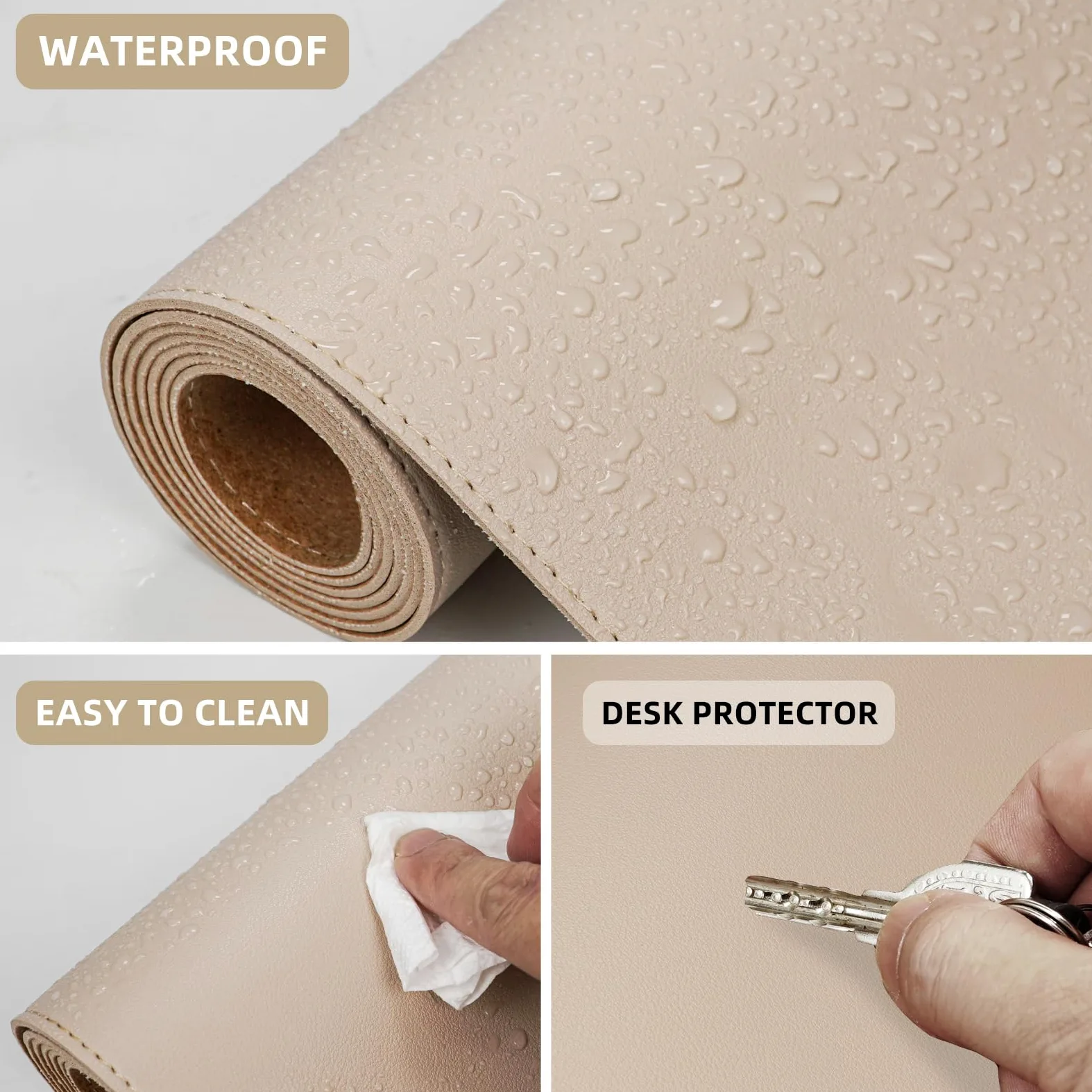 Tappetino da scrivania in pelle, grande tappetino da scrivania con sughero naturale e pelle PU, tappetino per mouse, antiscivolo, impermeabile, per ufficio e casa (119,4 x 58,4 cm, beige)