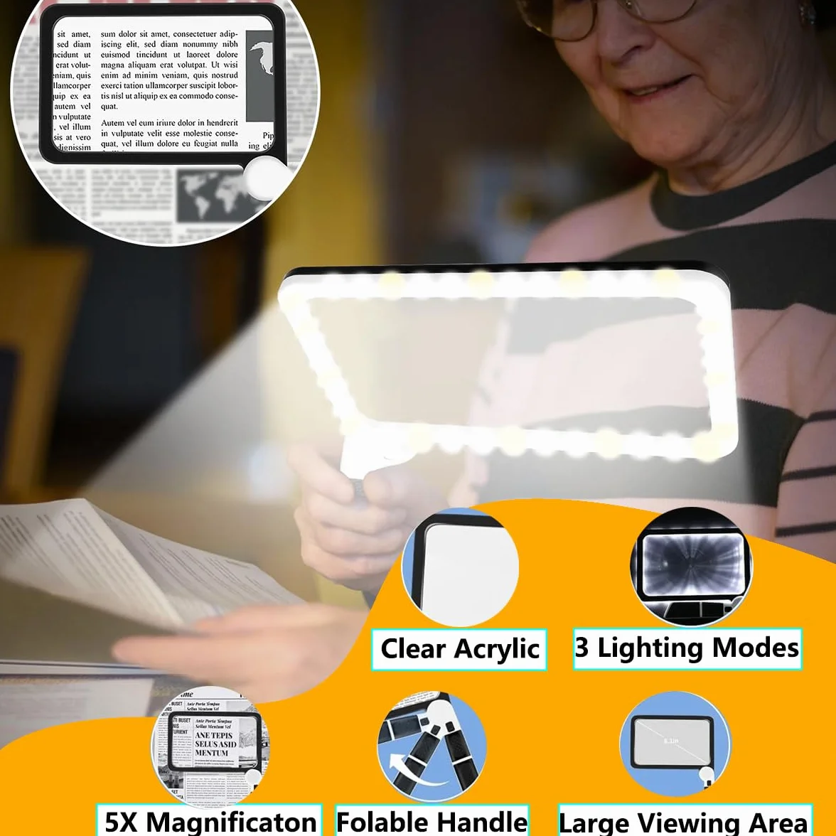 Lente di Ingrandimento con Luce LED Rettangolare Grande Portatile per Anziani Ipovedenti Lettura Pieghevole