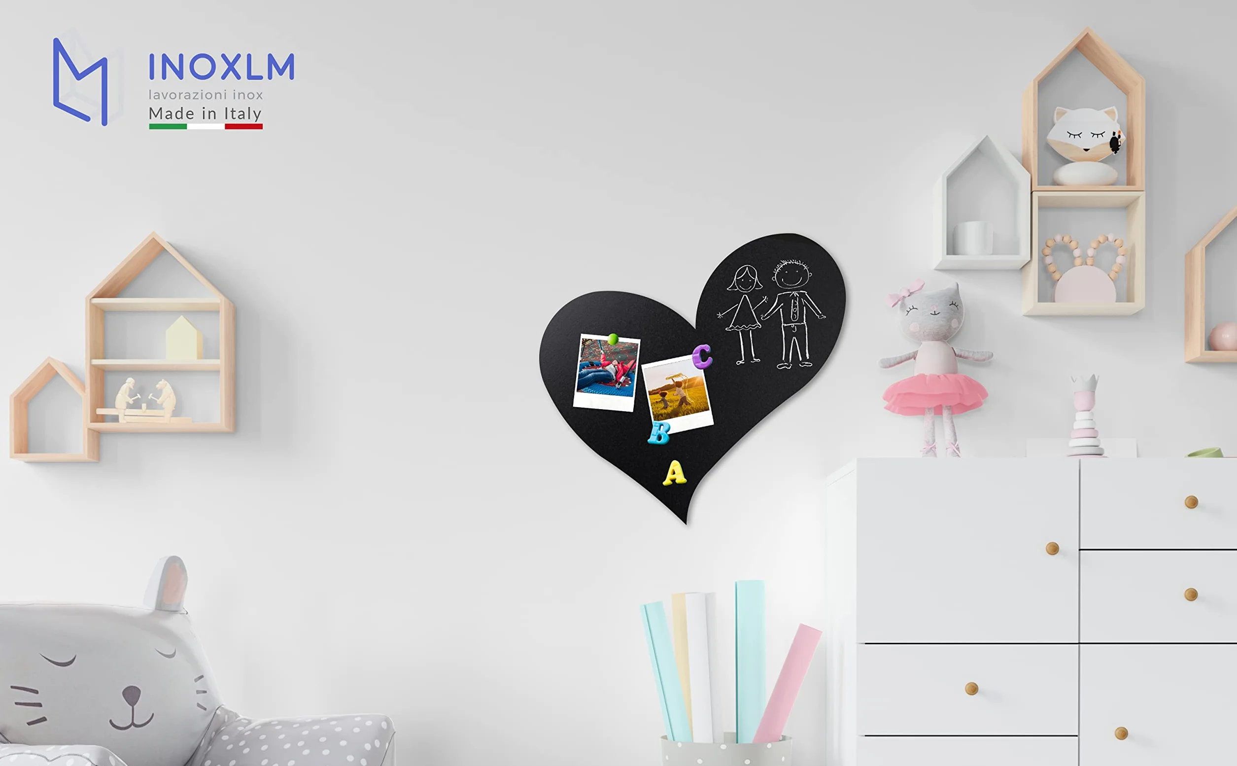 INOXLM Lavagna Magnetica da Parete in Acciaio forma di Cuore scrivibile con Pennarello | Bacheca ricordi | Lavagna calamite | Magnetica per foto souvenir | Lavagna bambini | Bacheca 36x34 cm (Nero)