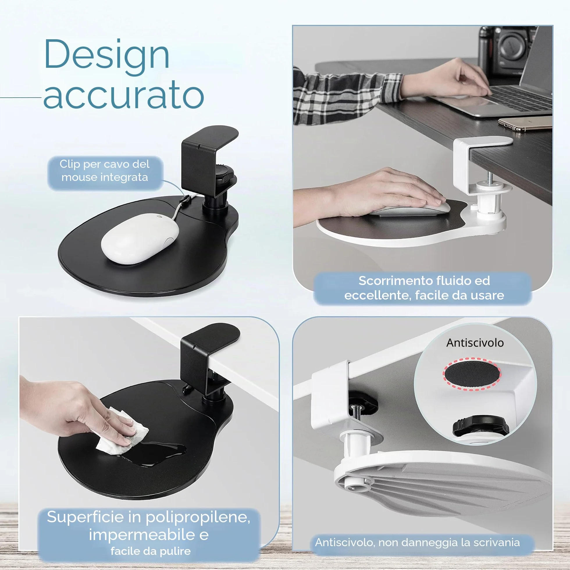 EHO Morsetto sulla piattaforma del mouse, clip on pad rotante a 360 gradi, supporto ergonomico per mouse, tappetino per mouse, vassoio estraibile, adatto per scrivania di spessore 3,8 cm, per