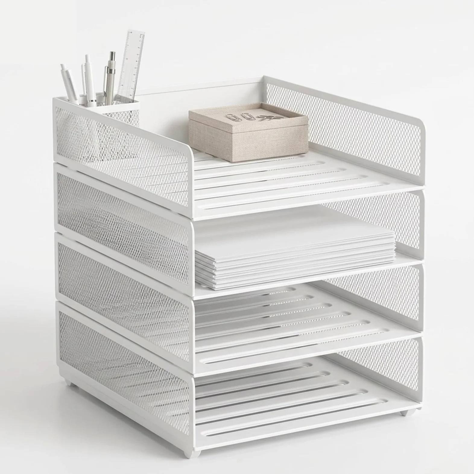Vassoio Per Lettere Organizzatore Di File Desktop In Metallo | Portadocumenti impilabile, scanalatura cava antiscivolo, rack salvaspazio(4-Tier-Black)