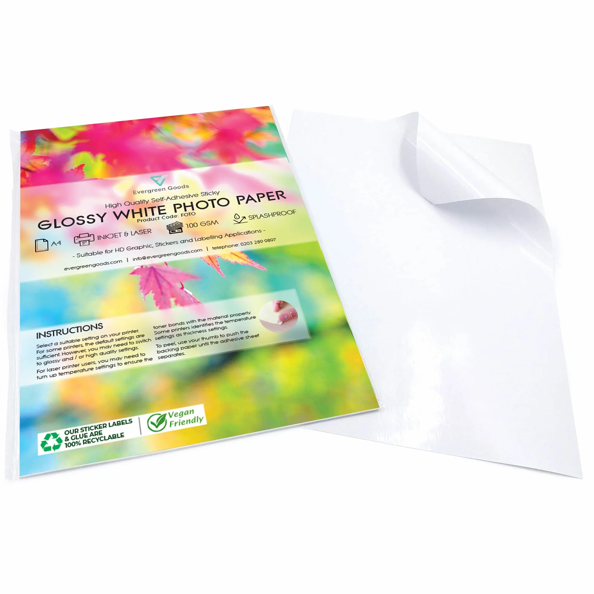 Evergreen Goods Ltd 50 fogli A4 lucidi autoadesivi carta adesiva bianca per immagini resistente agli schizzi per stampanti inkjet e laser
