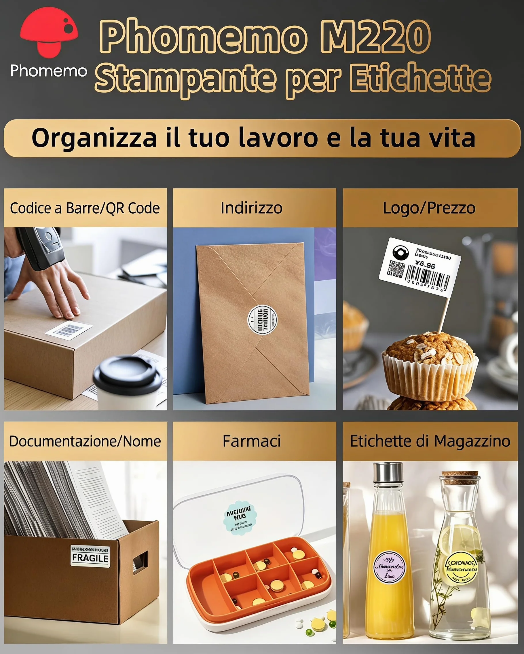 Phomemo M220 Stampante per Etichette Termica Portatile per Etichette Adesive Compatibile Smartphone PC
