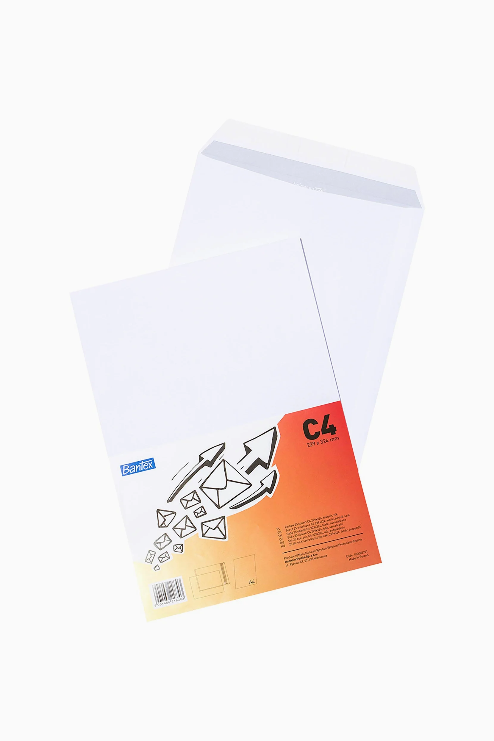 BANTEX 400085701 - Buste autoadesive con striscia formato C4, 10 confezioni da 25 pezzi, colore: bianco
