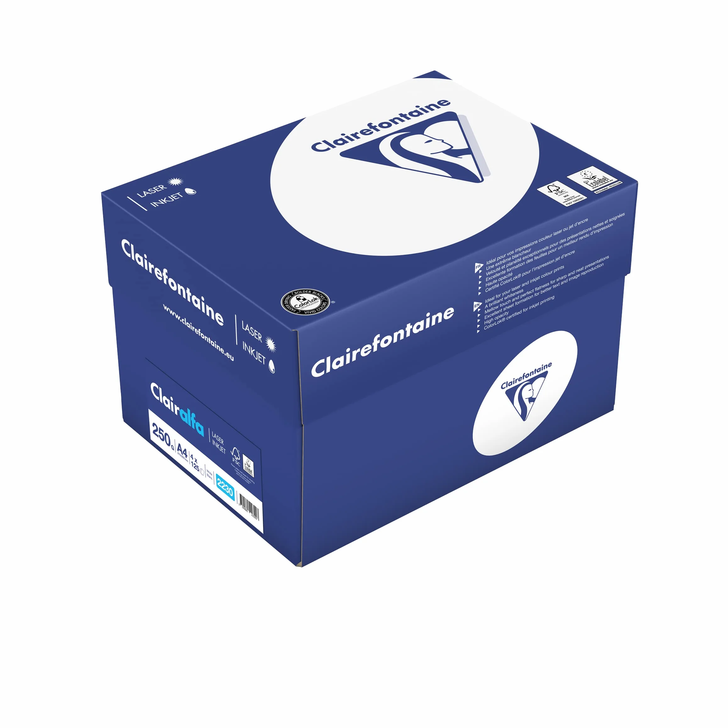 Clairefontaine Clairalfa 2230C 1000 fogli di carta bianca formato A4, 250 g al m2, confezione con 4 risme da 250 fogli, colore: bianco (171 CIE)