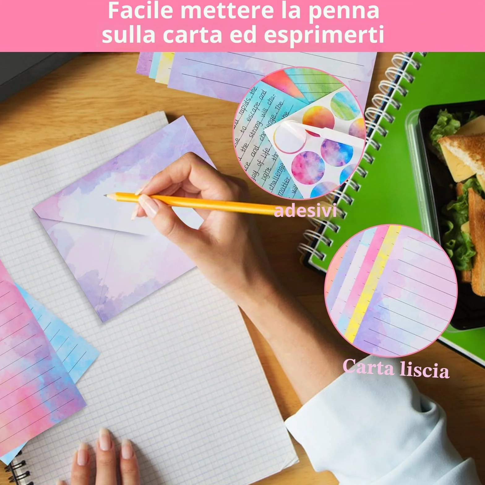 Carta da Lettere con Busta Set 160 Pz, Buste Colorate per Lettere Acquerellabili, Include 60 Adesivi