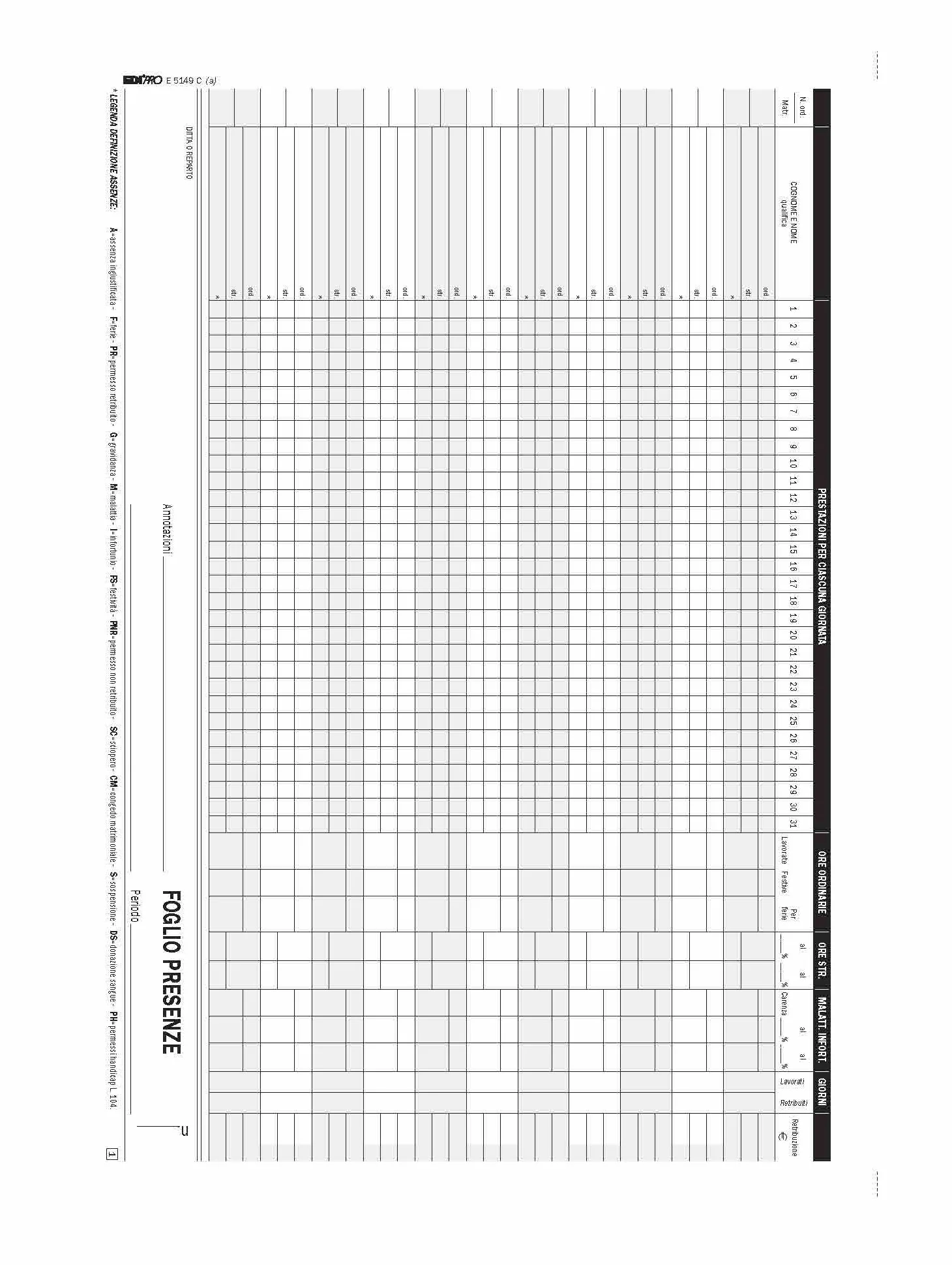 EDIPRO E5149C Blocco presenze mensili 50x2 autoricalcante 22x29.7