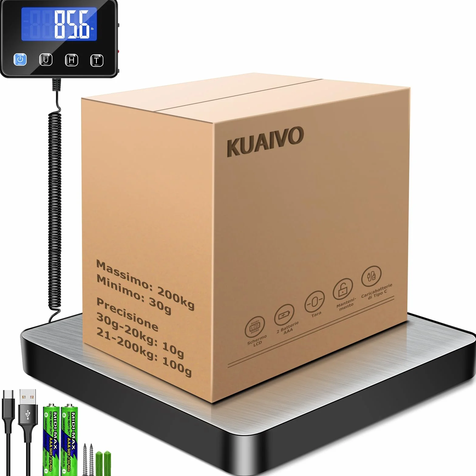 KUAIVO Bilancia Professionale 200kg/10g Alta Precisione, Bilancia Pesa Pacchi LCD Hold Tara, Piattaforma Acciaio Inossidabile