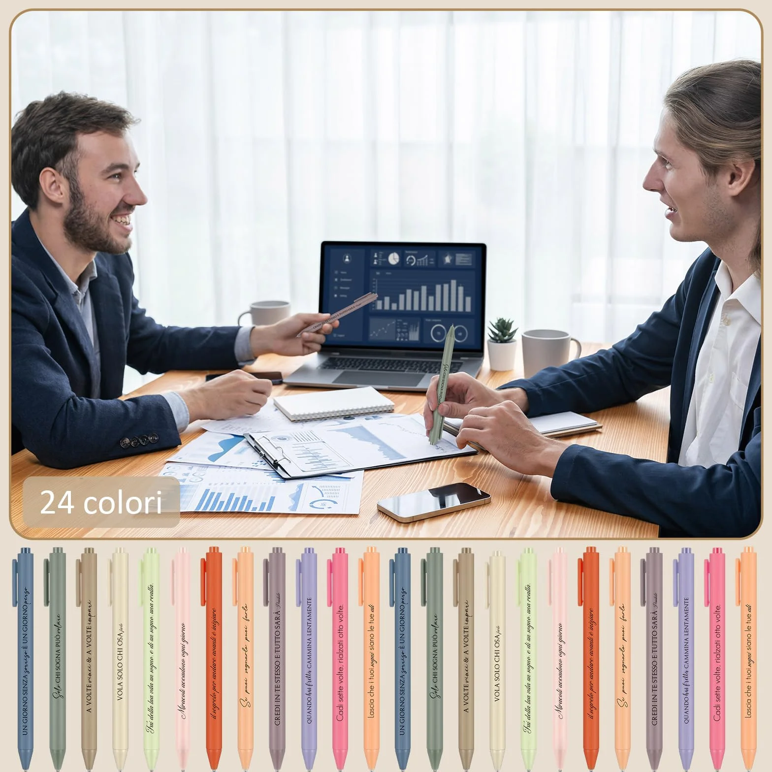 Set di 24 Penne a Sfera a Scatto con Citazioni Motivazionali in Italiano - Inchiostro Nero, Colori Assortiti, Idea Regalo