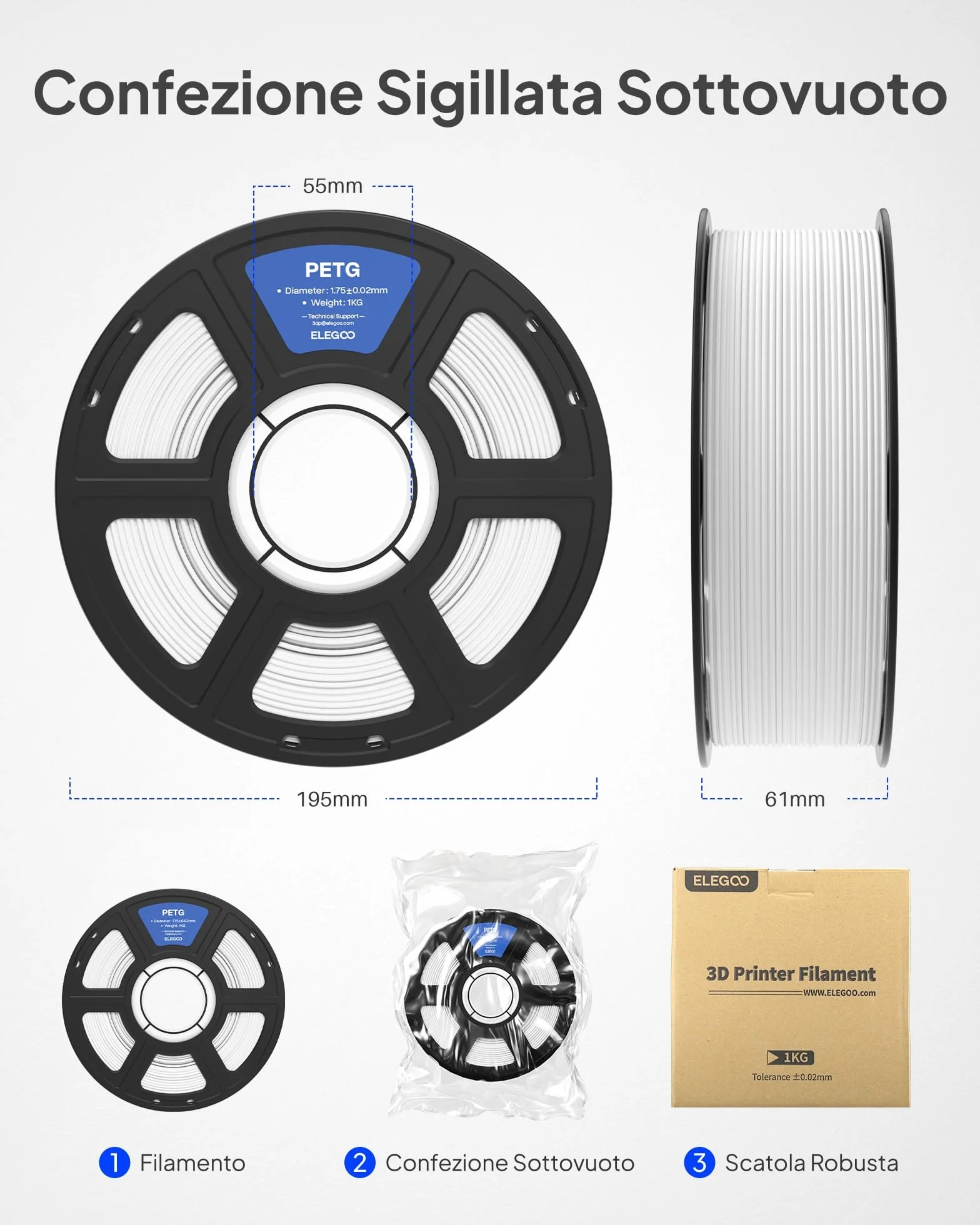 ELEGOO PETG Filamento 1,75 mm Nero 1KG per Stampante 3D Precisione Dimensionale +/- 0,02 mm